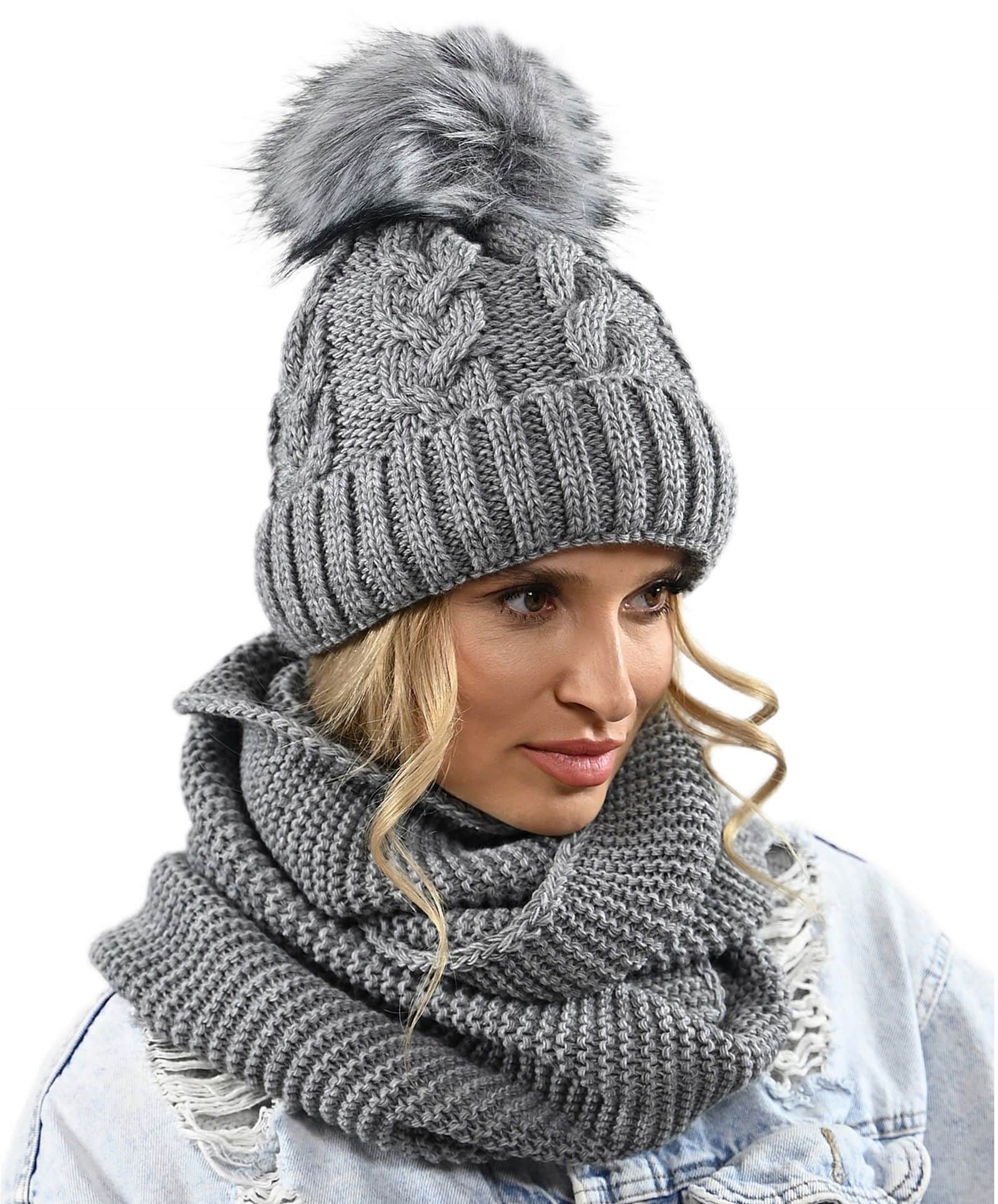 CZAPKA KOMIN ZESTAW DAMSKI komplet gruby zimowy czpka na polarze pompon K11
