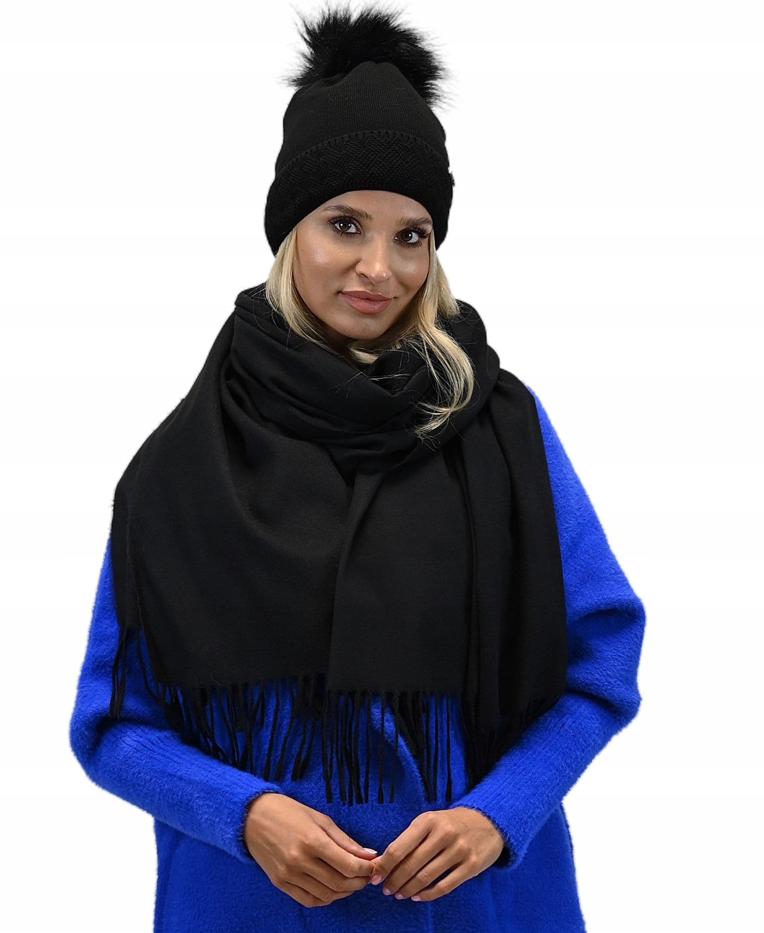 Elegancki SZAL jesień zimowy CIEPŁY klasyczny Gładki Szalik frędzle czarny