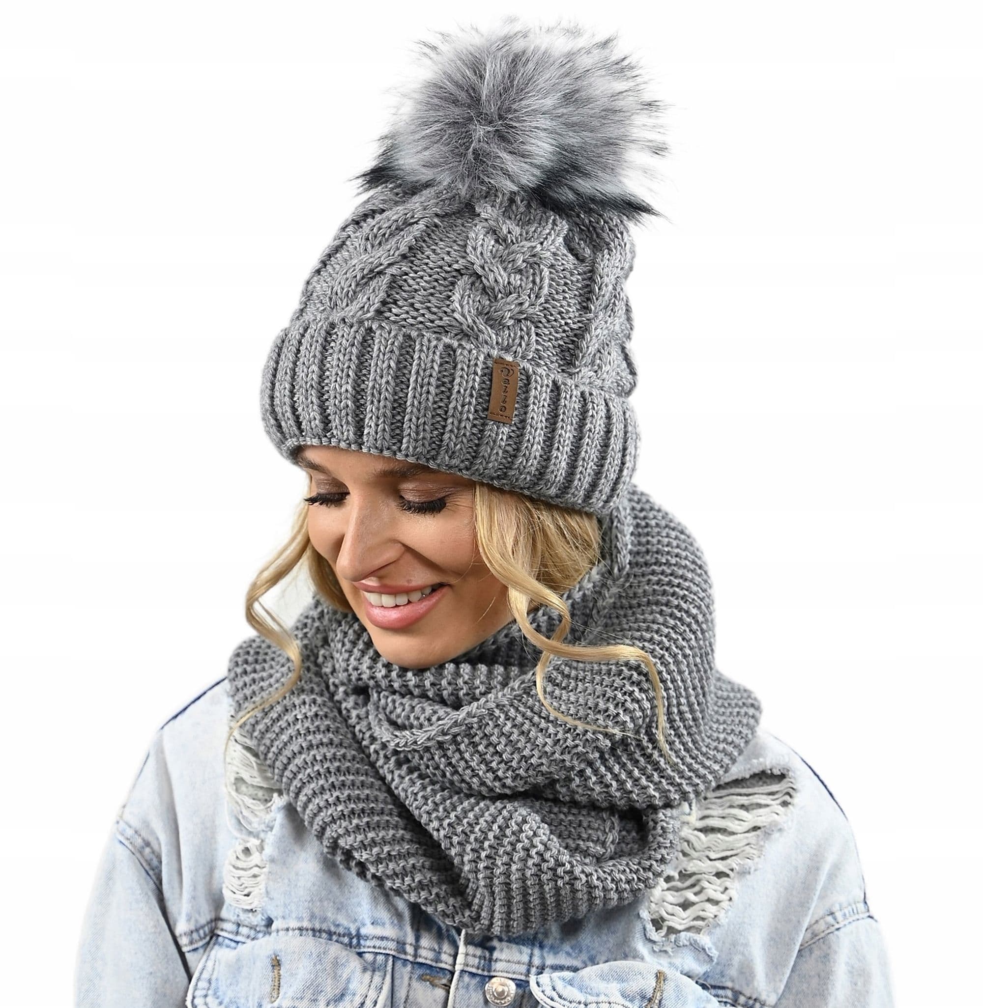 CZAPKA KOMIN ZESTAW DAMSKI komplet gruby zimowy czpka na polarze pompon K11