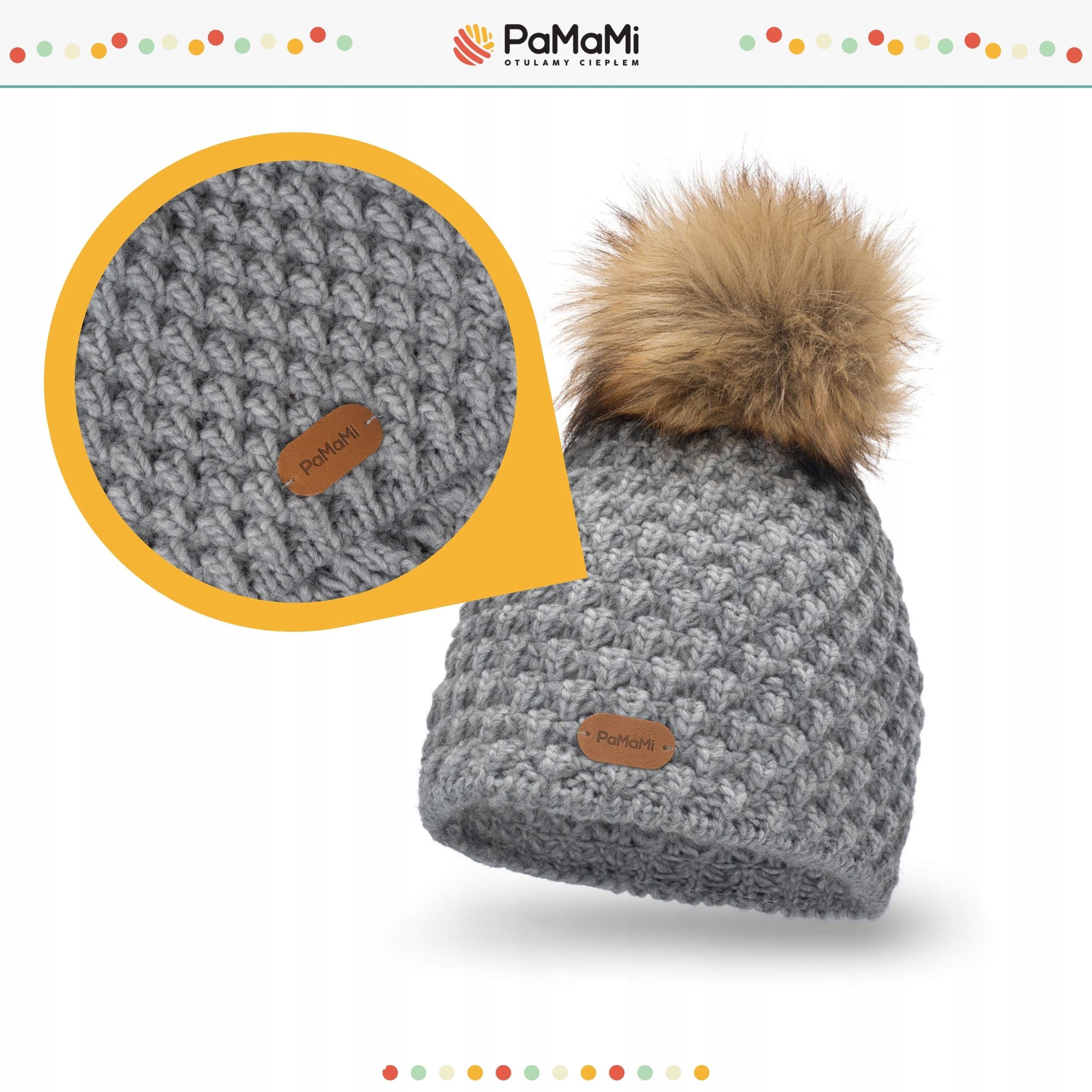 PaMaMi czapka zimowa damska beanie szara z Pomponem z dodatkiem wełny