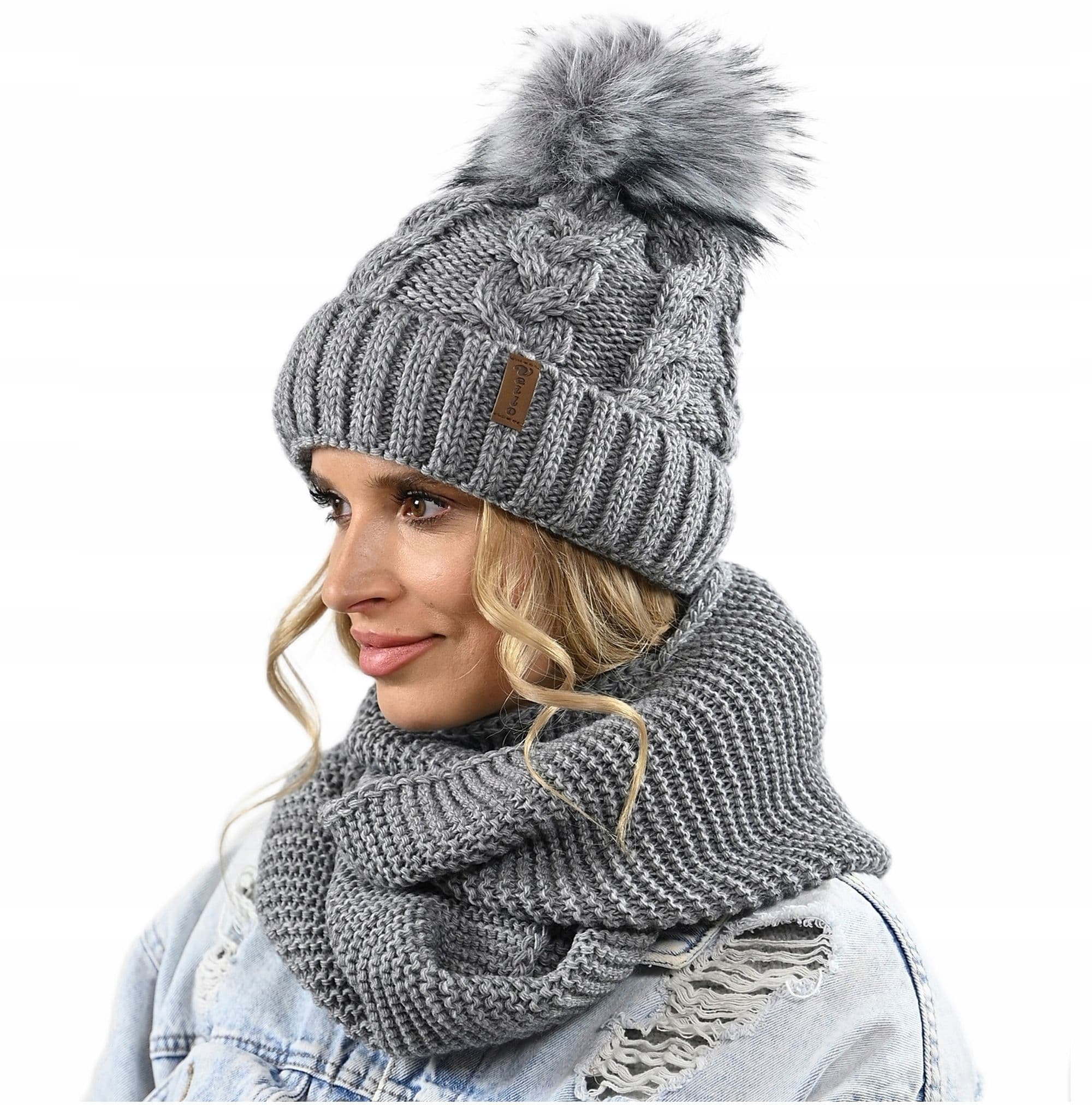 CZAPKA KOMIN ZESTAW DAMSKI komplet gruby zimowy czpka na polarze pompon K11