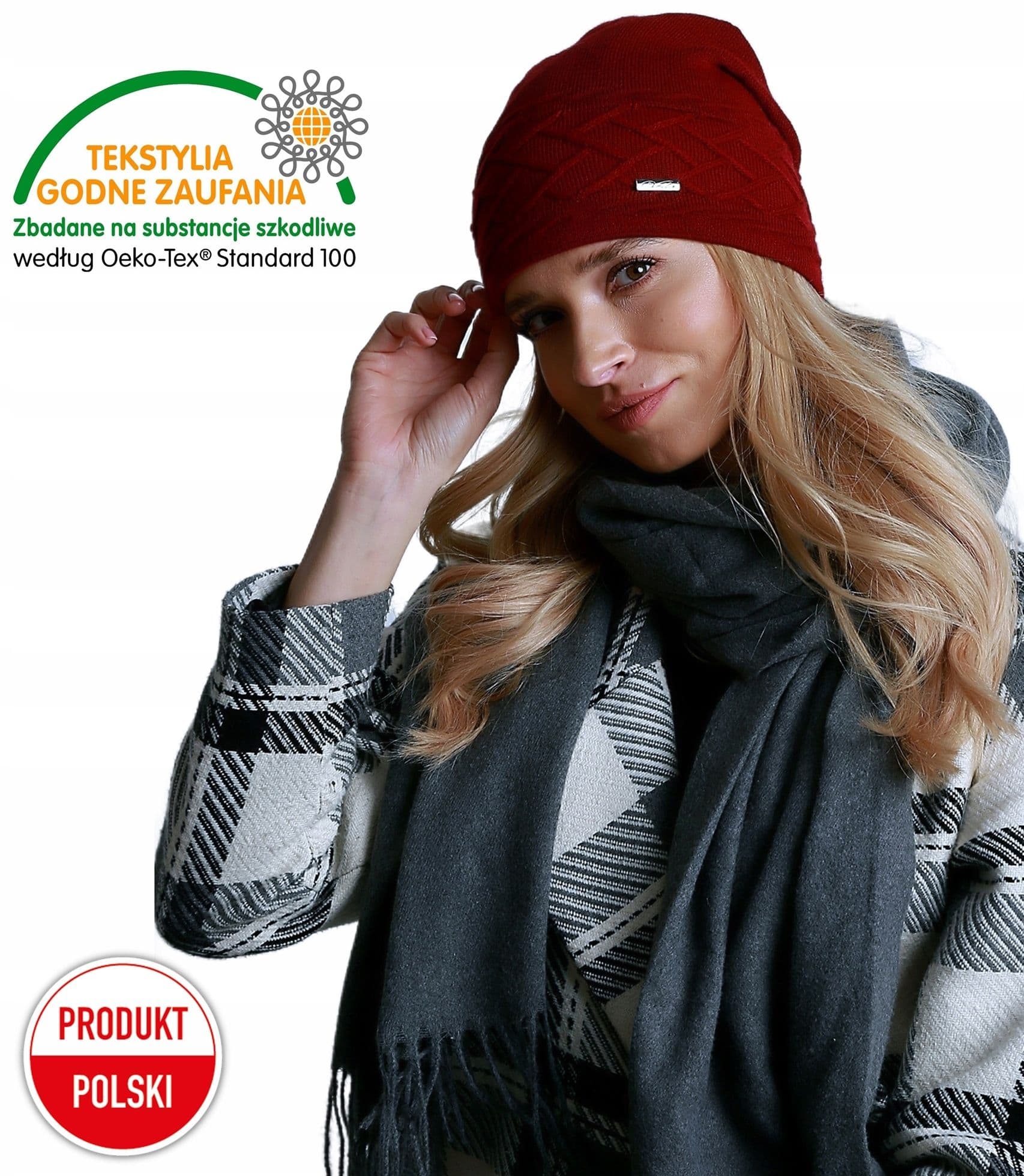 Bordowa Damska podpinana ciepła CZAPKA zimowa polski producent burgund V17