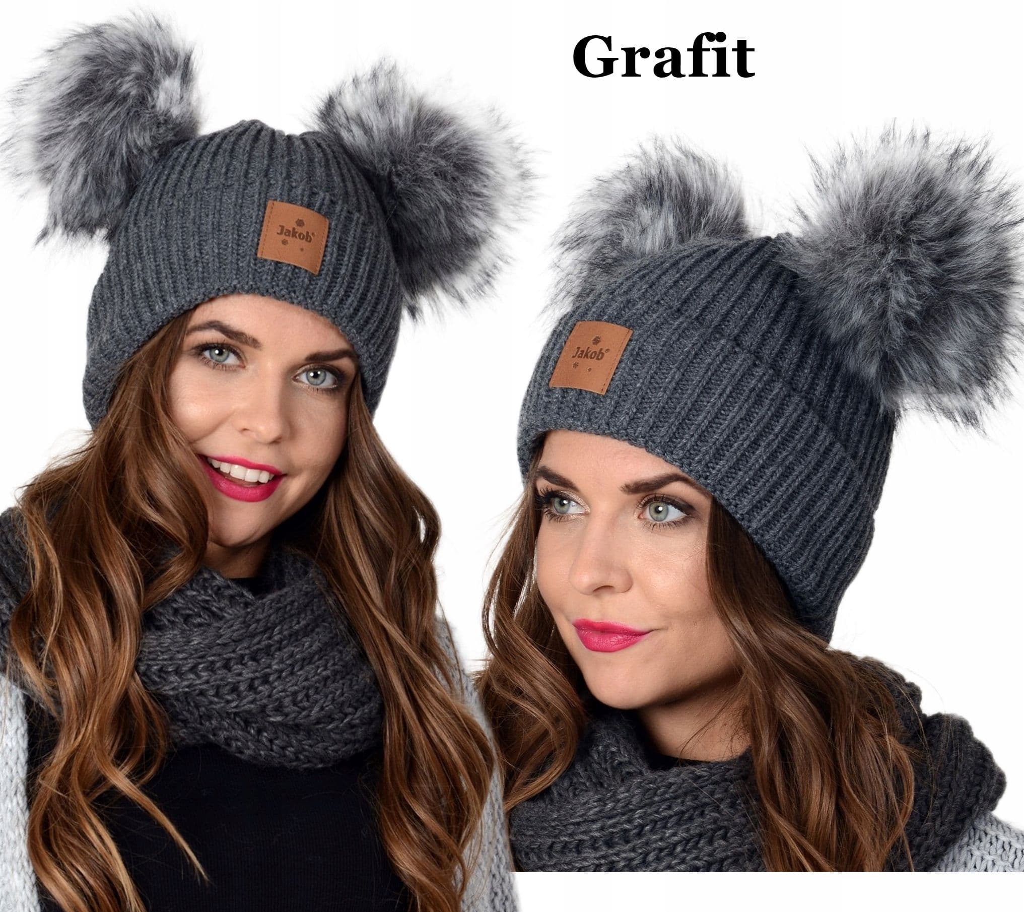 CZAPKA damska z dwoma pomponami na polarze GRAFIT Gruba Ciepla Polska