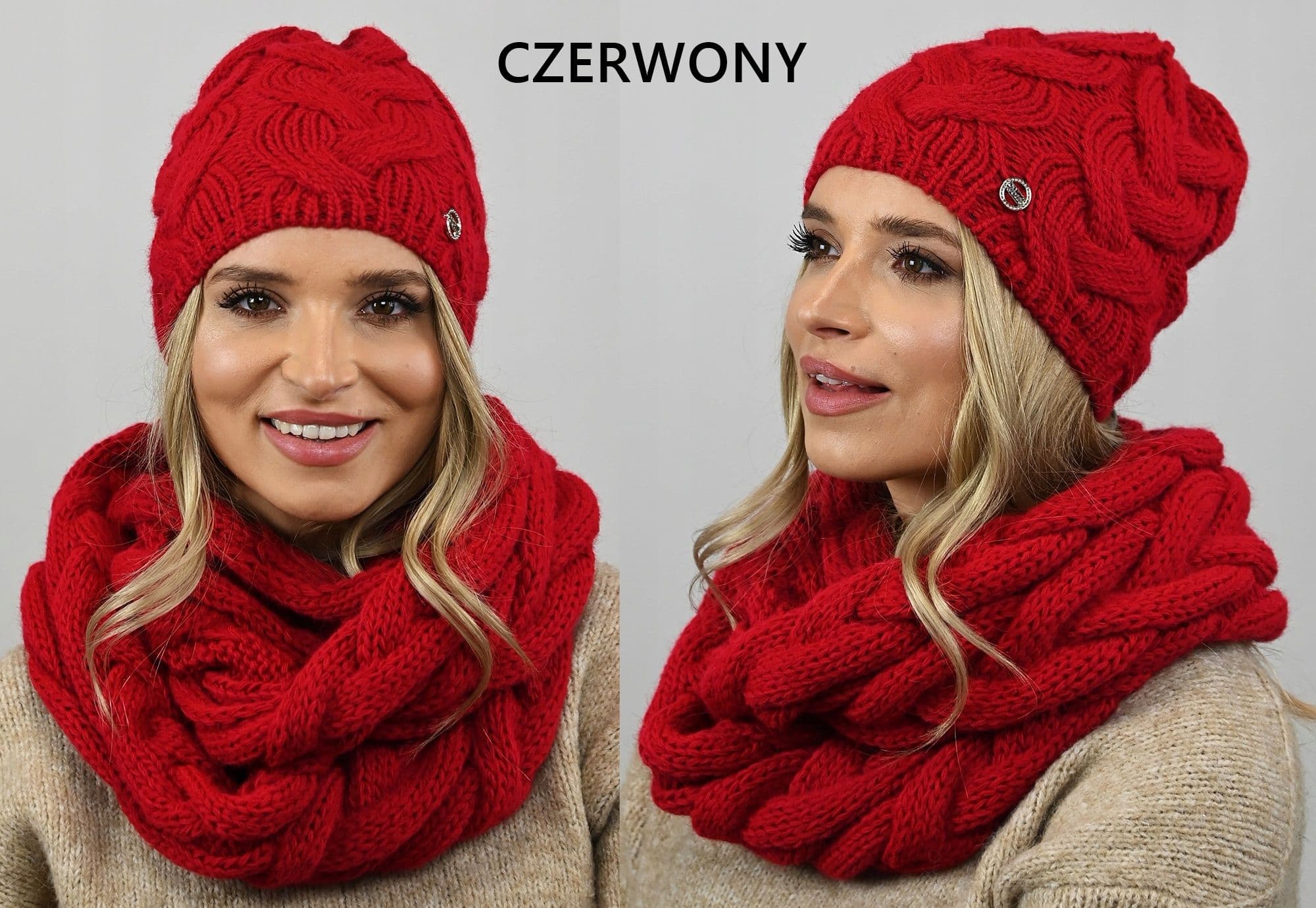 CZERWONY kobiecy damski gruby Komplet CZAPKA KOMIN tuba szal polski K9
