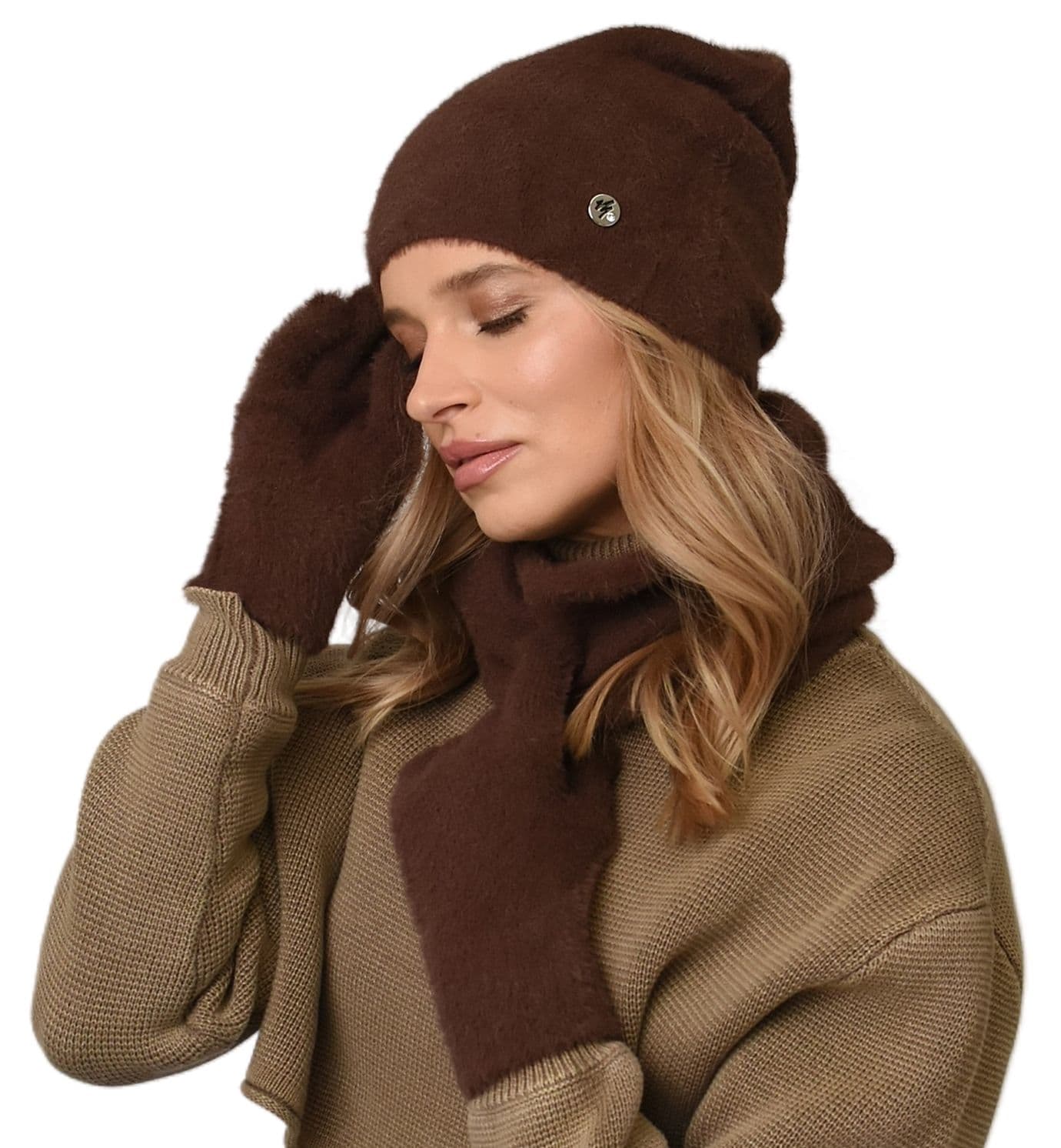 Komplet damski Czapka + Szalik - komin ZESTAW Zimowy ciepły CZEKOLADA UNI