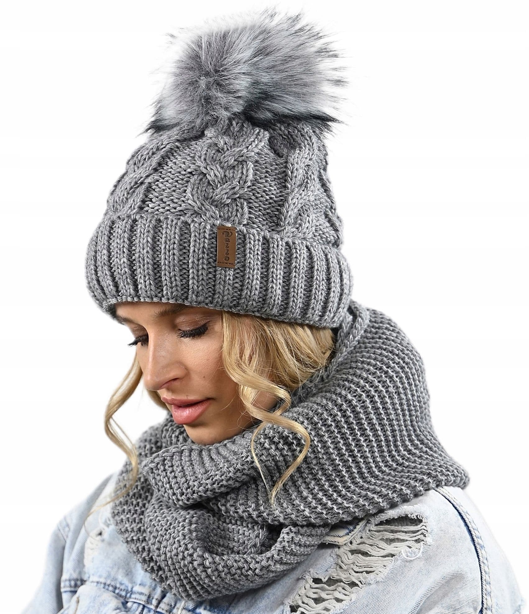 CZAPKA KOMIN ZESTAW DAMSKI komplet gruby zimowy czpka na polarze pompon K11
