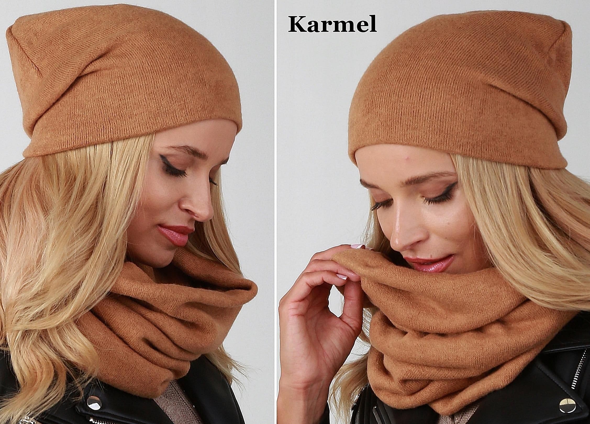 Karmelowy Komplet damski CZAPKA + KOMIN tuba Klasyczny Modny zimowy UNI K6