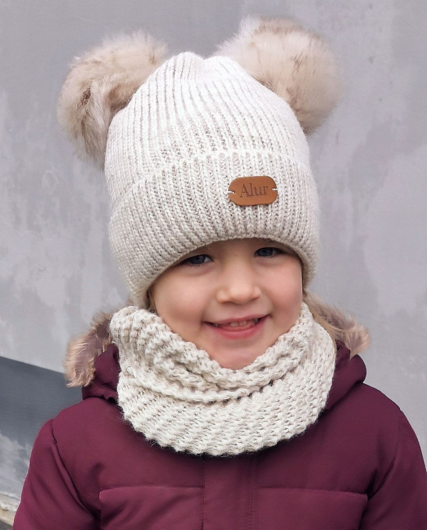 Ciepły komplet dziecięcy CZAPKA KOMIN Modna Prążek, Pompony POLAR