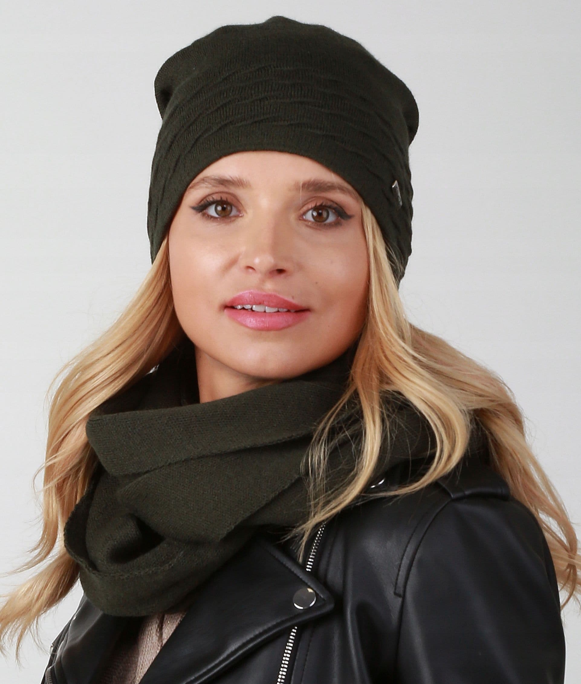 CZAPKA i KOMIN na polarze damski KOMPLET zestaw kobiecy zimowy KHAKI K1
