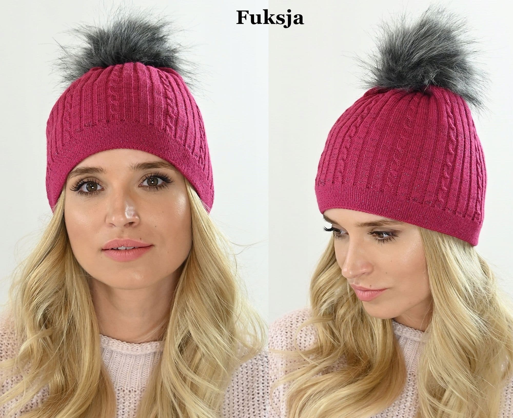 CZAPKA zimowa damska z połyskującą nicią pompon modna z polarem Fuksja V19