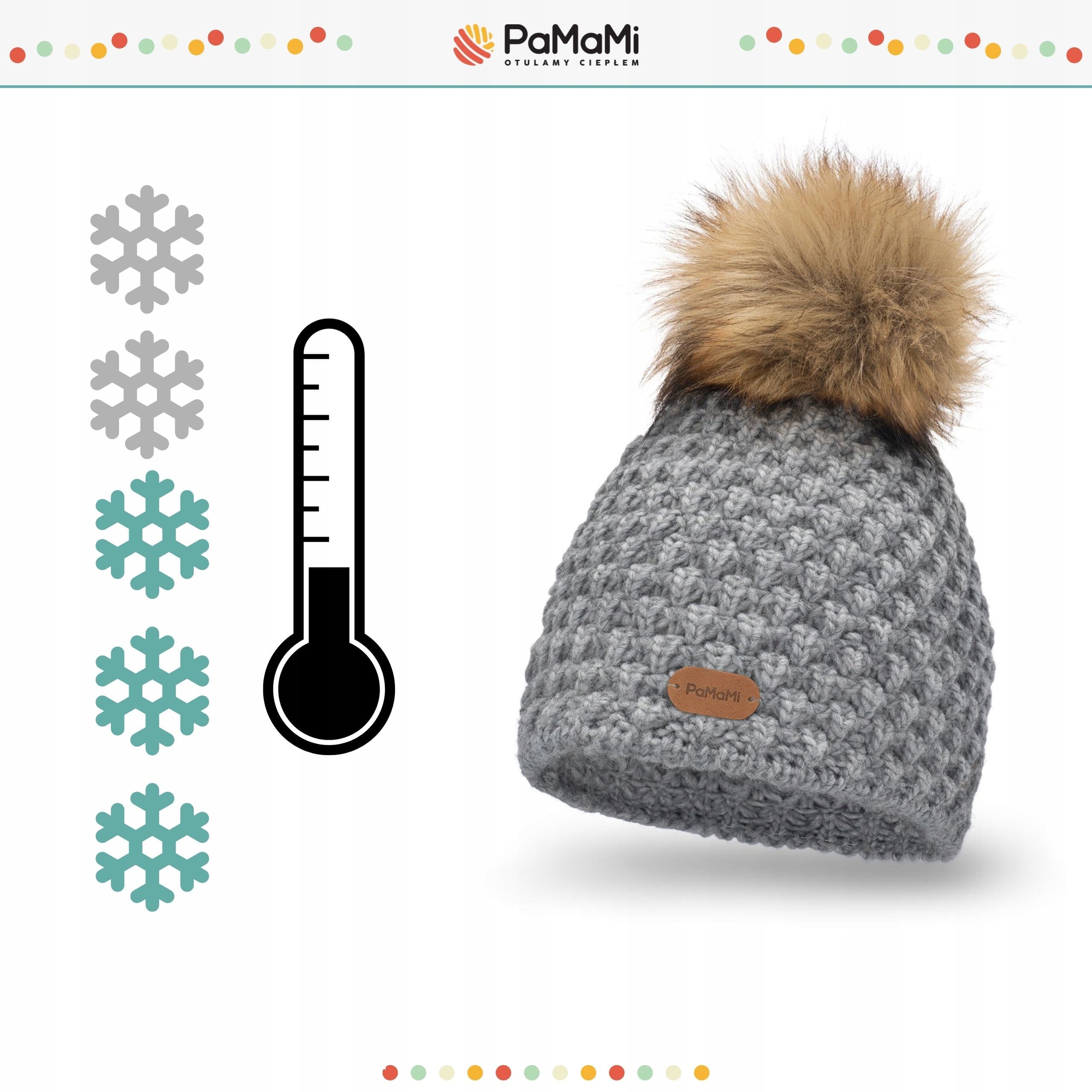 PaMaMi czapka zimowa damska beanie szara z Pomponem z dodatkiem wełny