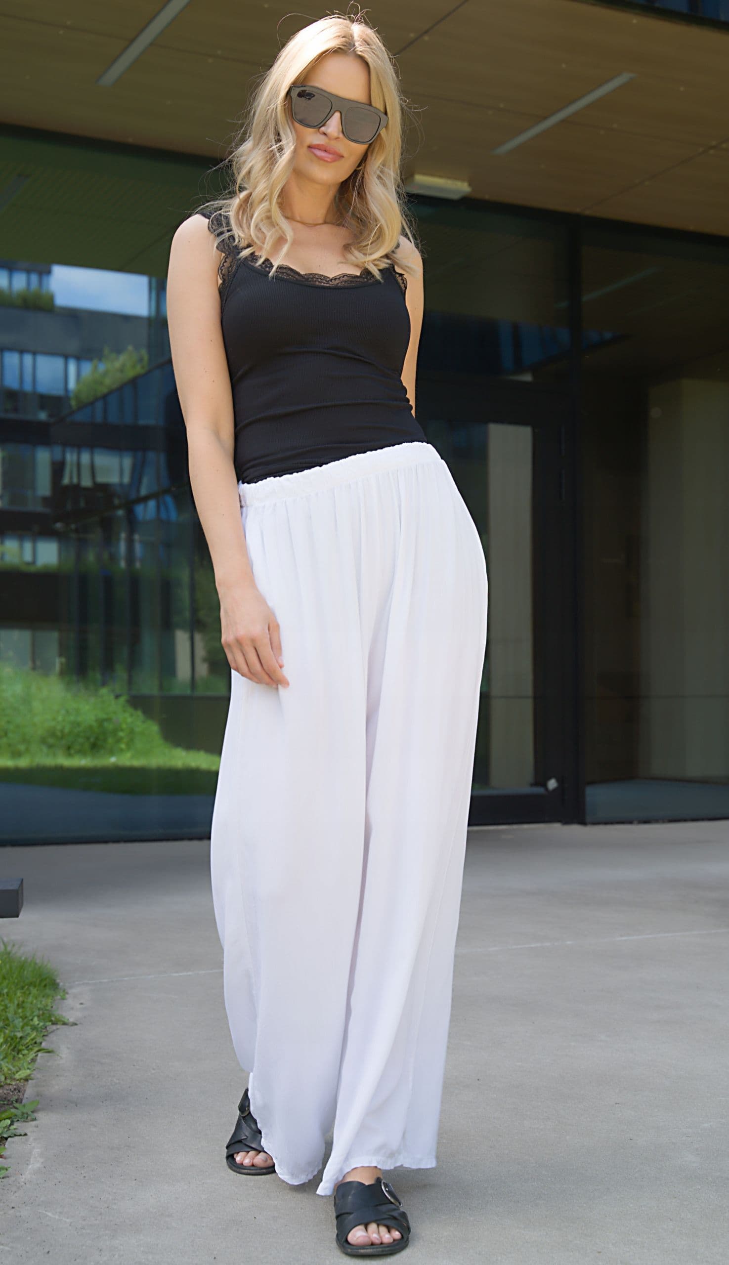 Spodnie damskie luźne szerokie z wiskozy WIDE LEG letnie z kieszaniami SML