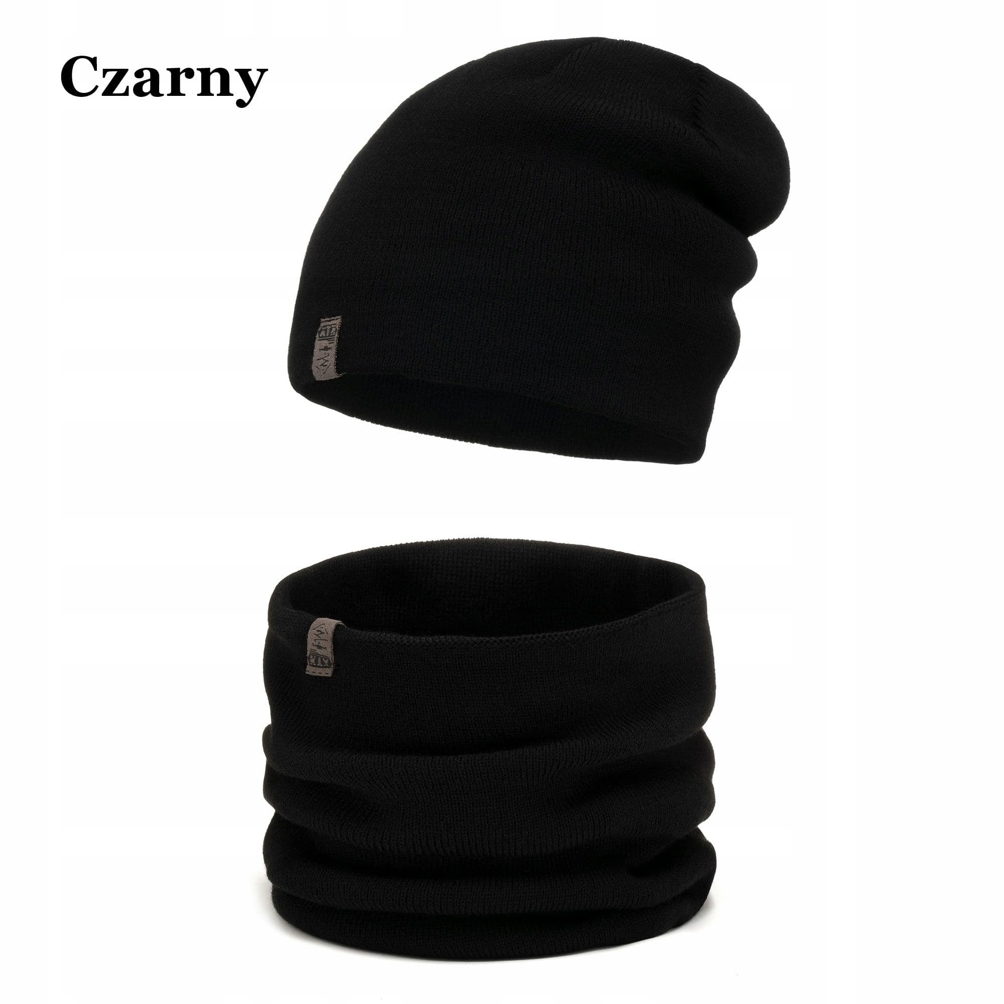 Czarny MODNY gładki komplet Czapka z kominem jesienno zimowy ZESTAW UNI M2
