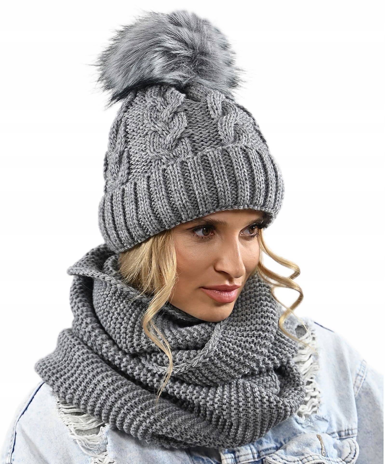 CZAPKA KOMIN ZESTAW DAMSKI komplet gruby zimowy czpka na polarze pompon K11