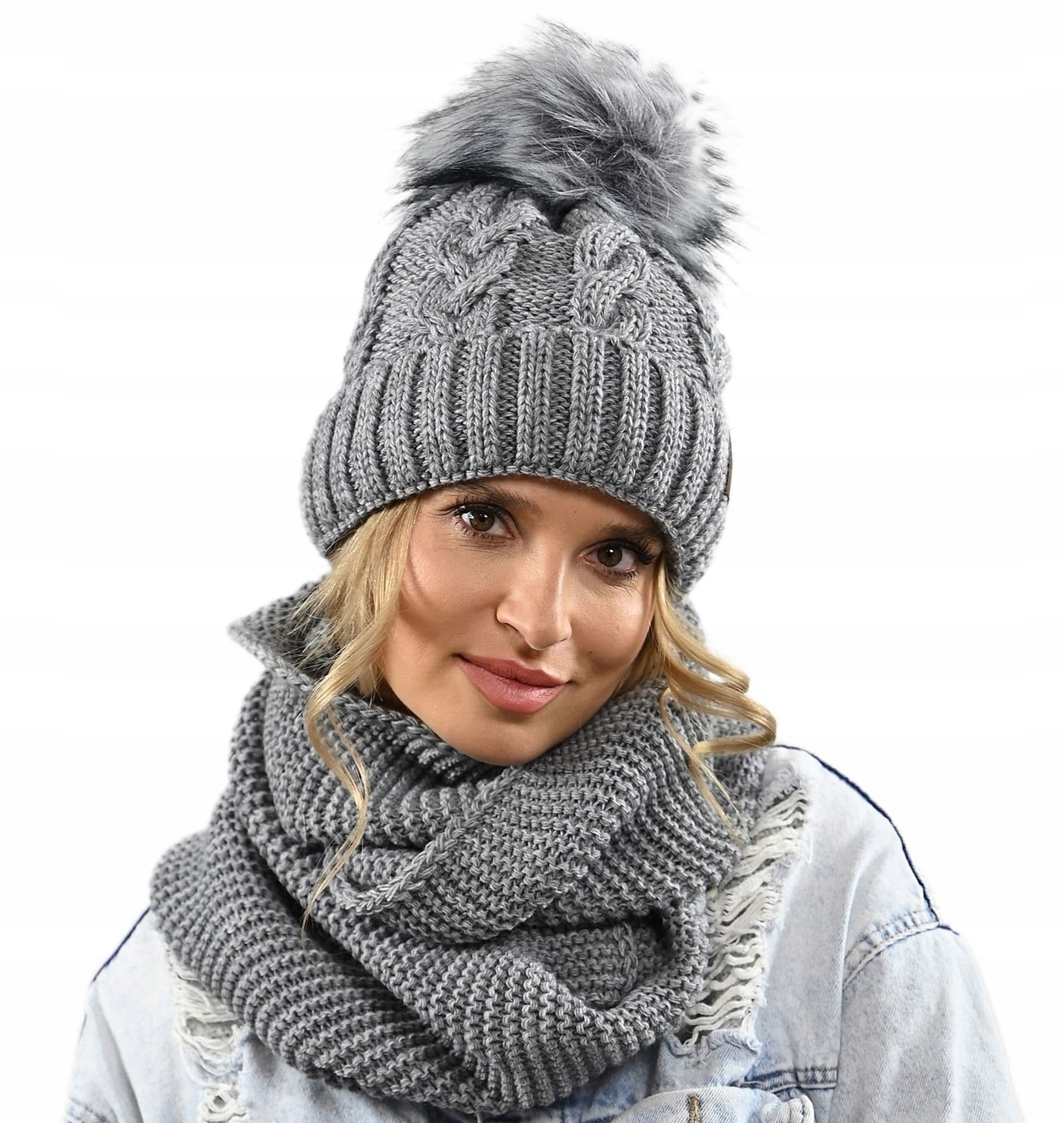 CZAPKA KOMIN ZESTAW DAMSKI komplet gruby zimowy czpka na polarze pompon K11