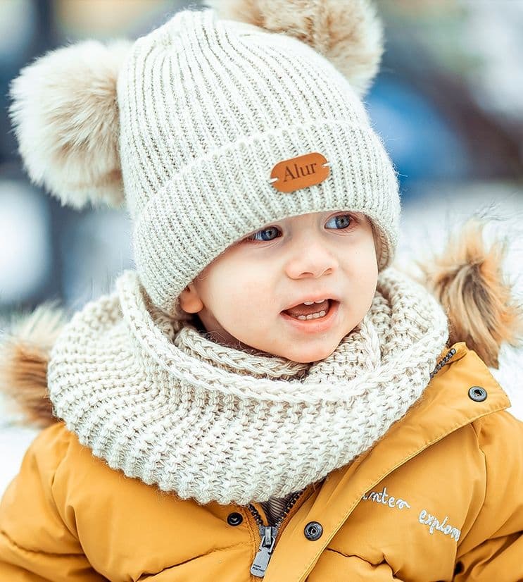 Ciepły komplet dziecięcy CZAPKA KOMIN Modna Prążek, Pompony POLAR