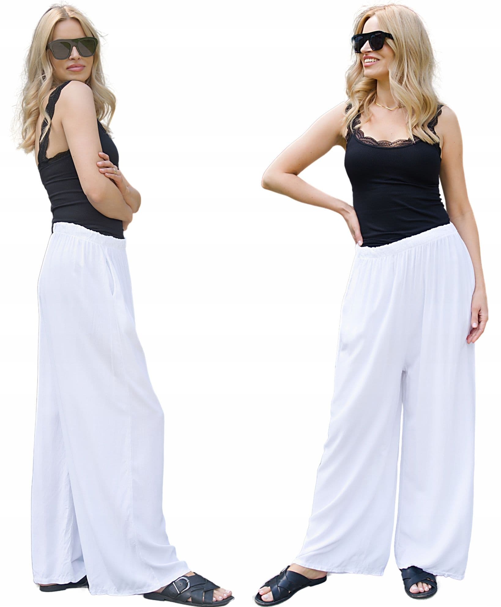 Spodnie damskie luźne szerokie z wiskozy WIDE LEG letnie z kieszaniami SML