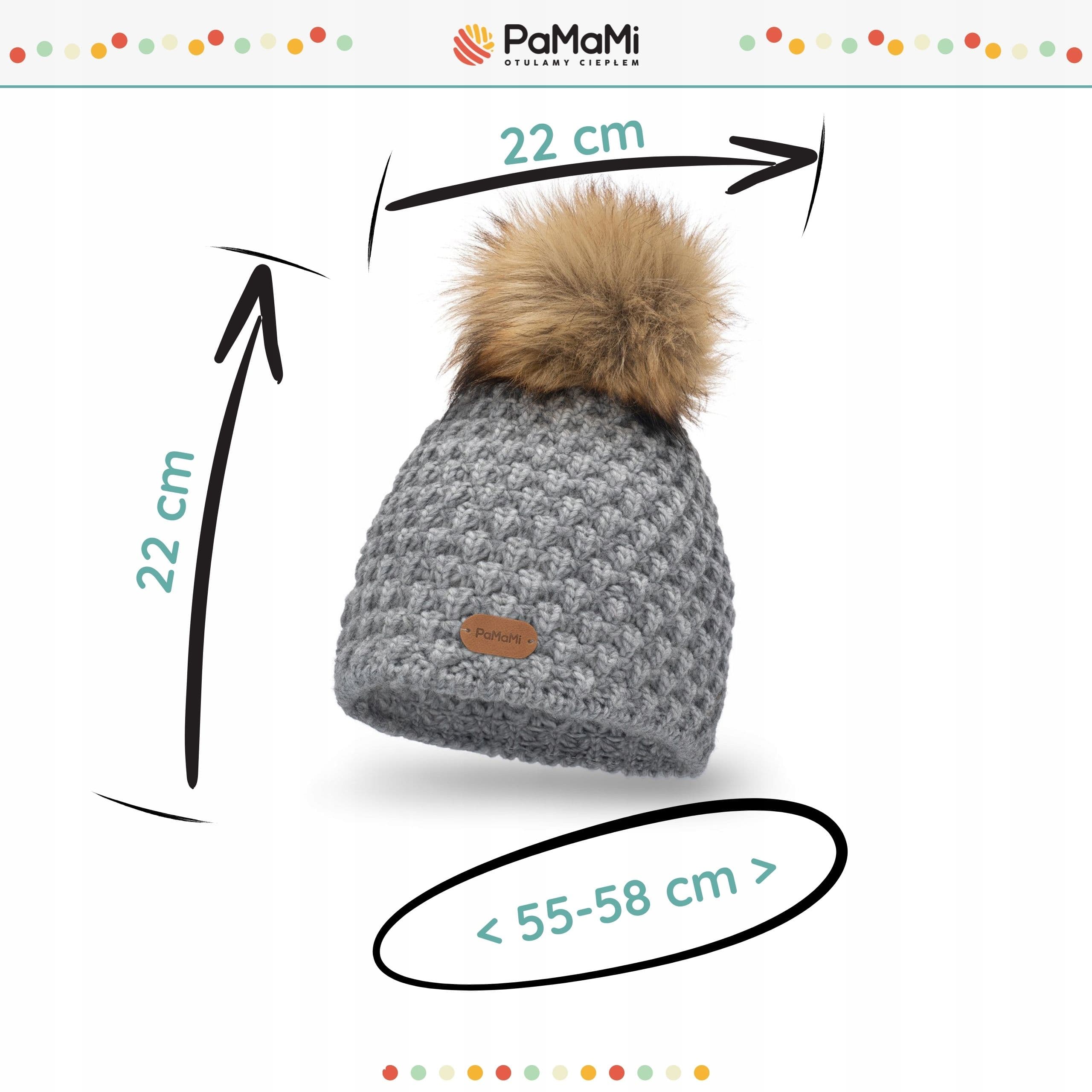 PaMaMi czapka zimowa damska beanie szara z Pomponem z dodatkiem wełny