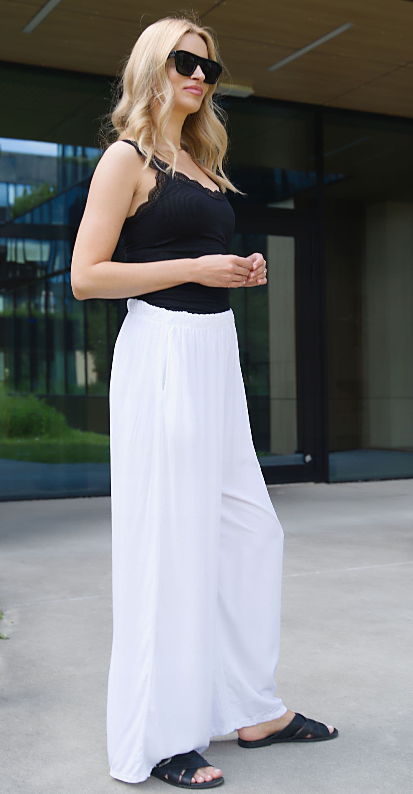 Spodnie damskie luźne szerokie z wiskozy WIDE LEG letnie z kieszaniami SML