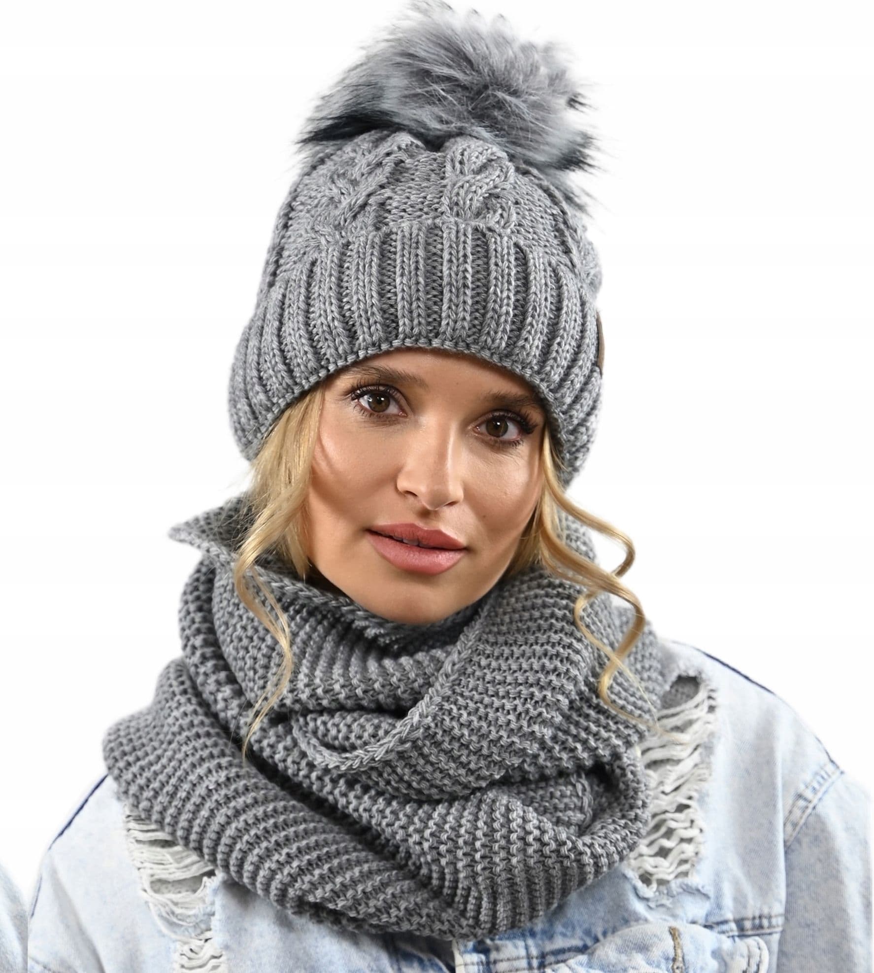 CZAPKA KOMIN ZESTAW DAMSKI komplet gruby zimowy czpka na polarze pompon K11