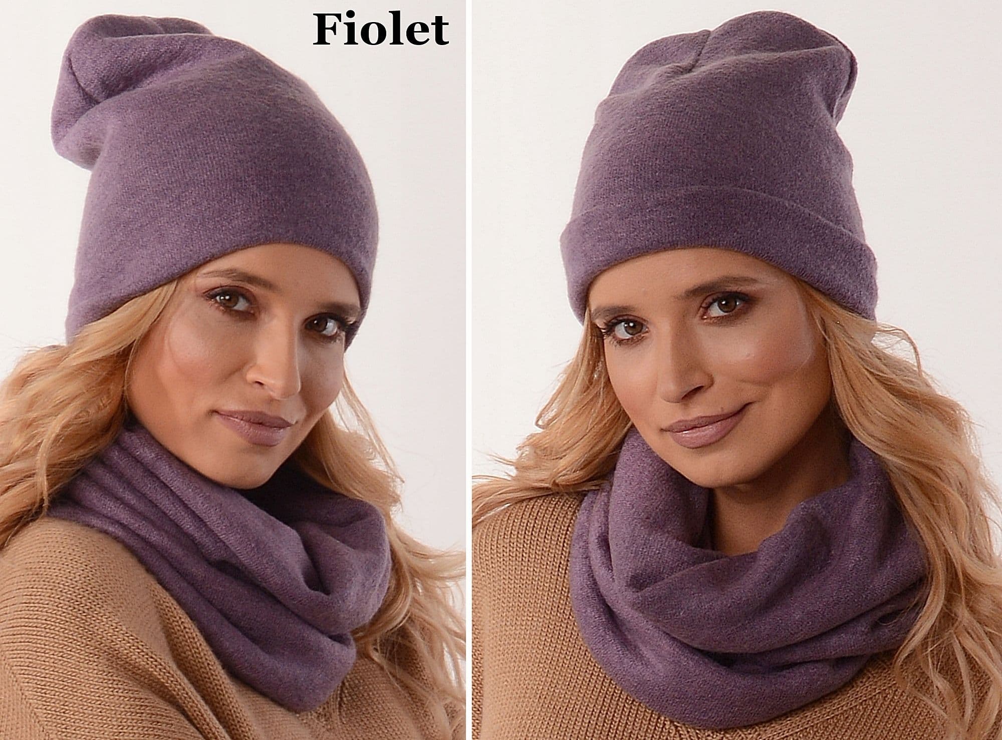 Komplet damski CZAPKA + KOMIN tuba dwie warstwy Klasyczny Modny Fiolet K6