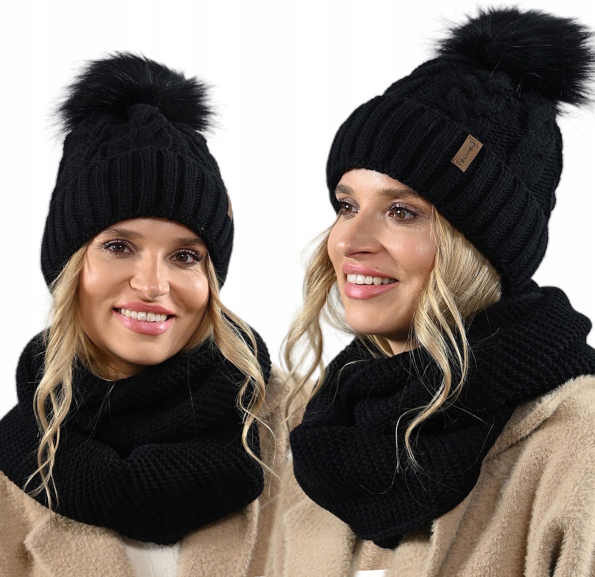 CZARNY damski KOMPLET czapka z kominem zestaw zimowy ciepły z pomponem K11