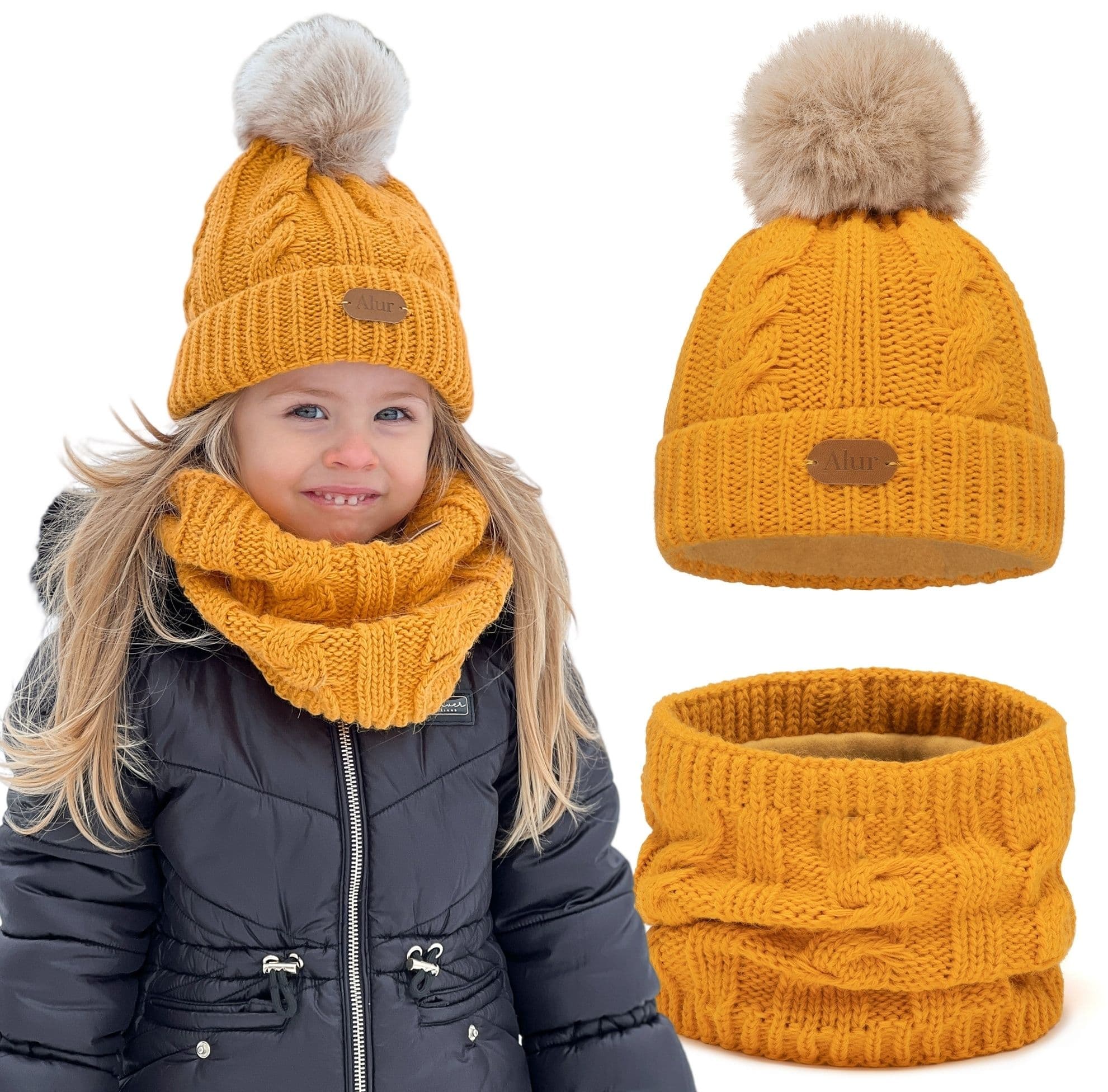 CZAPKA Z KOMINEM NA polarze zimowy komplet dziecięcy duży pompon