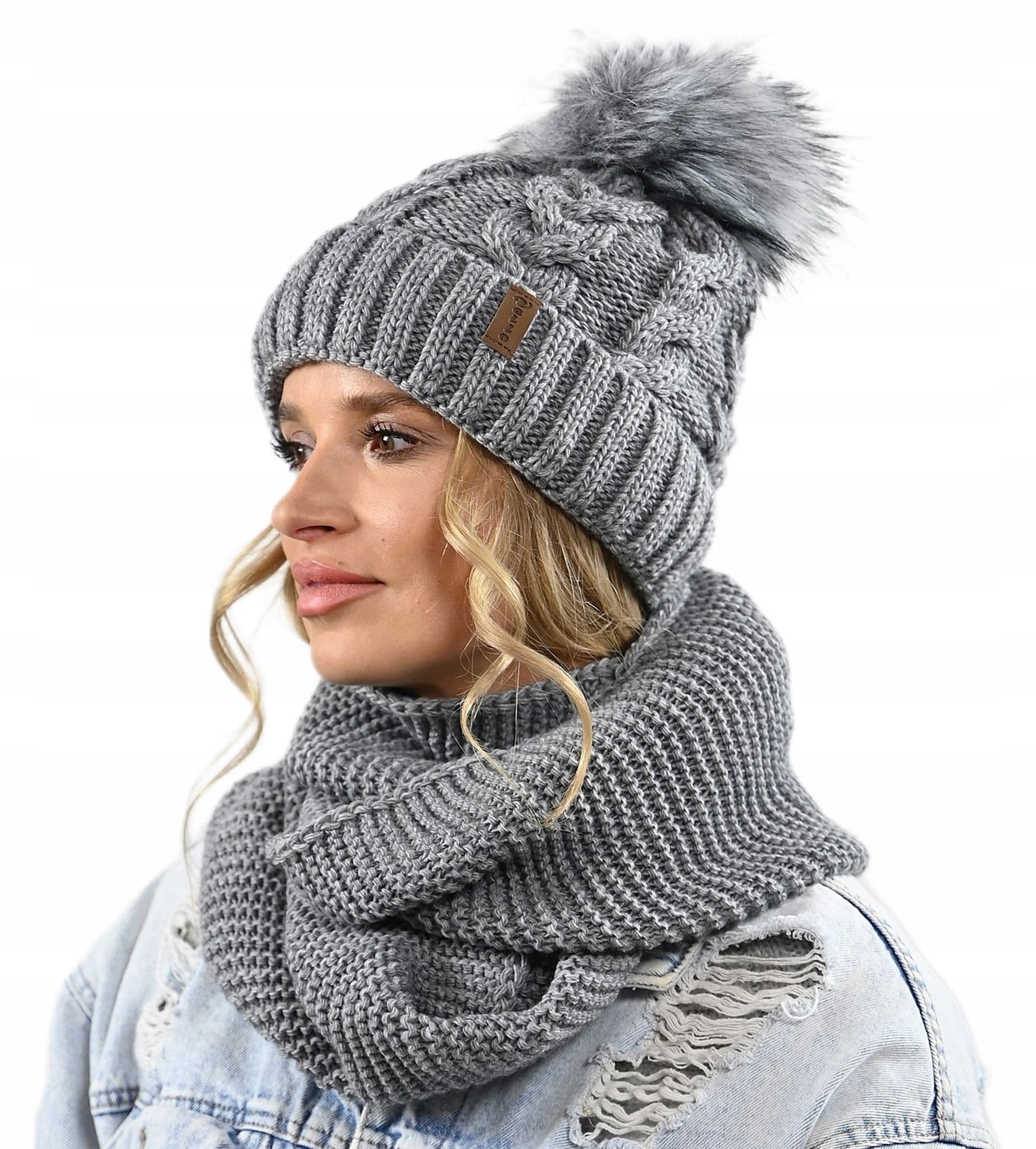 CZAPKA KOMIN ZESTAW DAMSKI komplet gruby zimowy czpka na polarze pompon K11