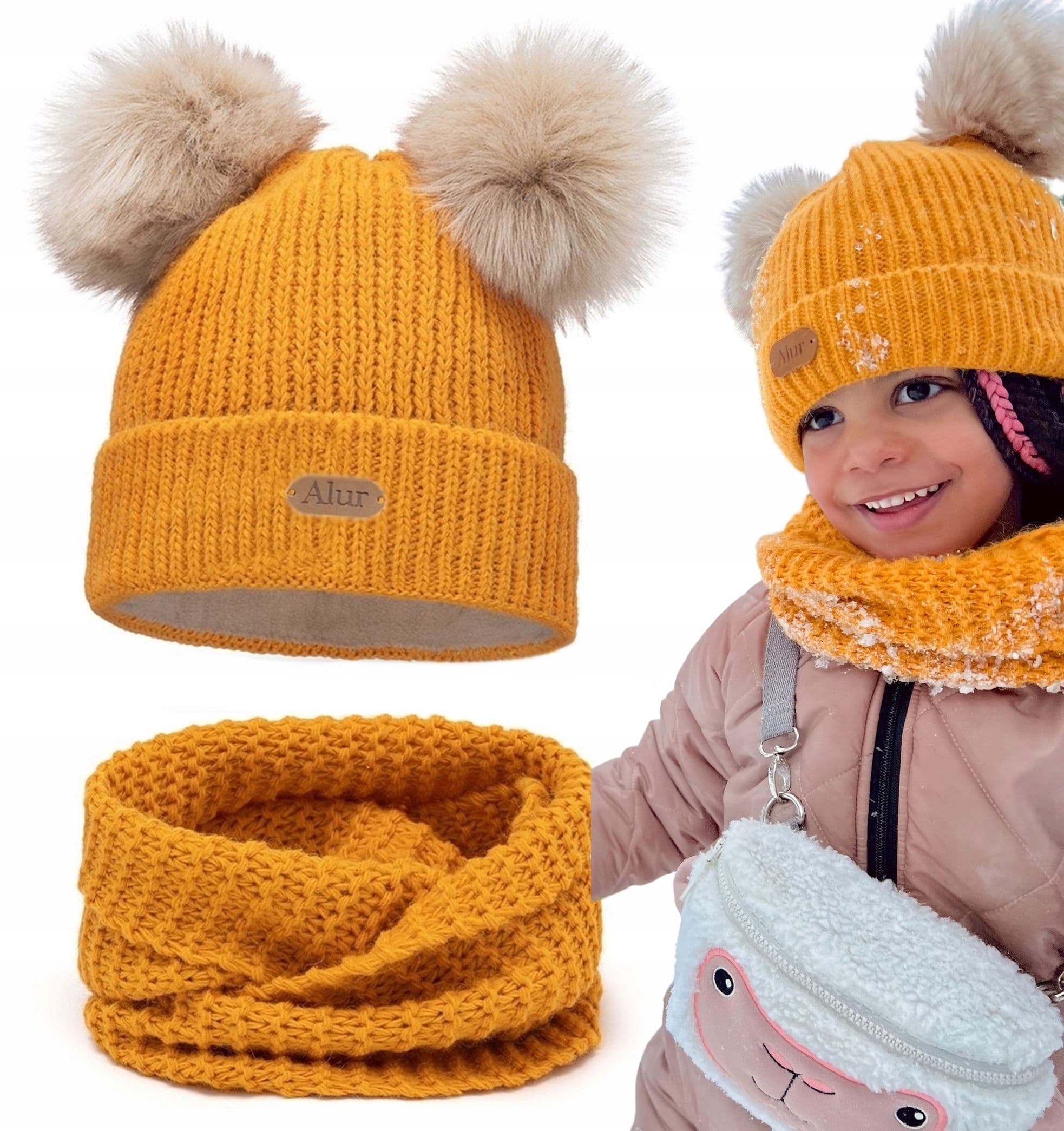 Modny KOMPLET Dziecięcy Gruba CZAPKA KOMIN na Zimę Dwa POMPONY POLAR OKAZJA