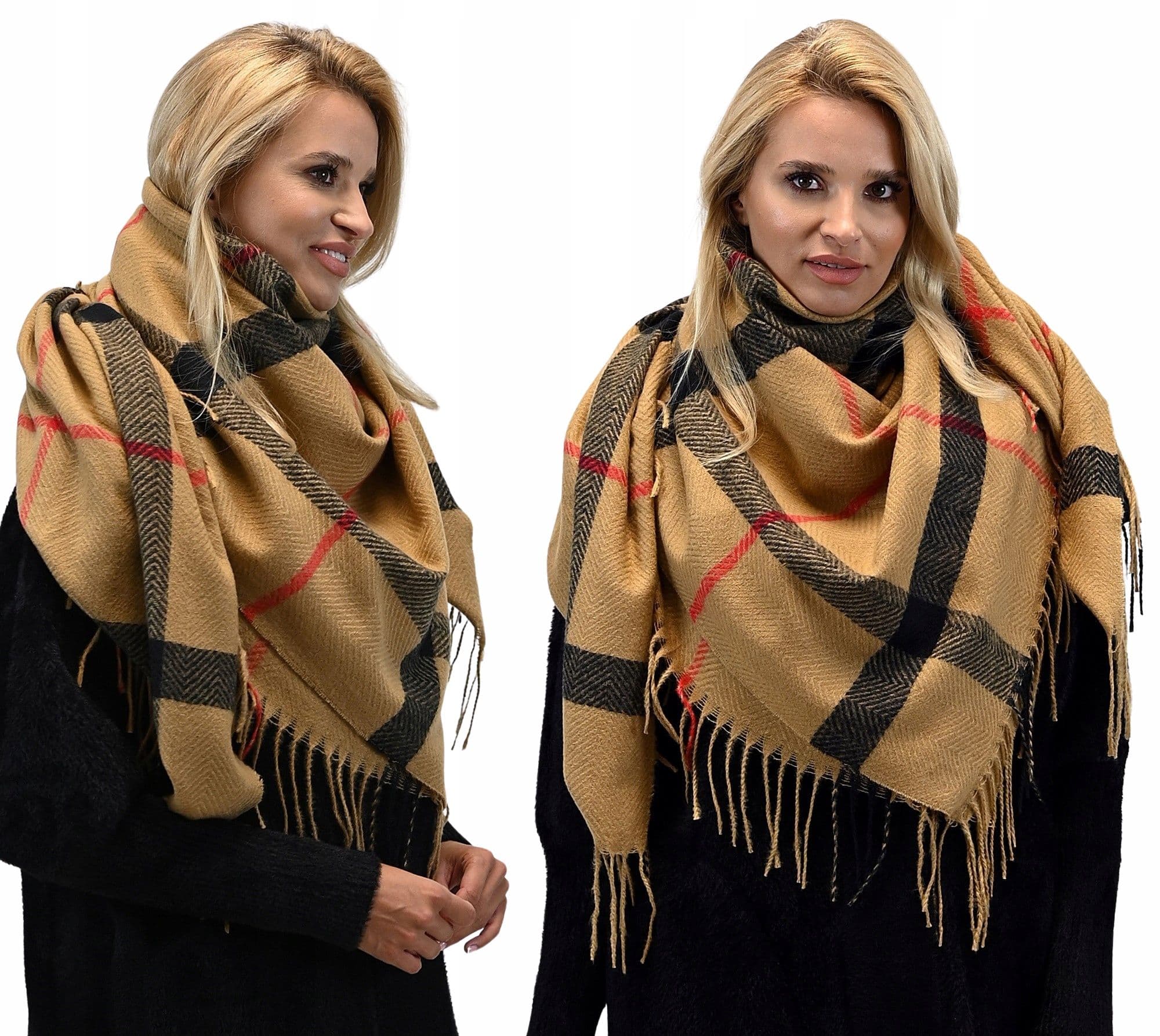CHUSTA DAMSKI w kratę Szalik FREDZLE - 405 karmel