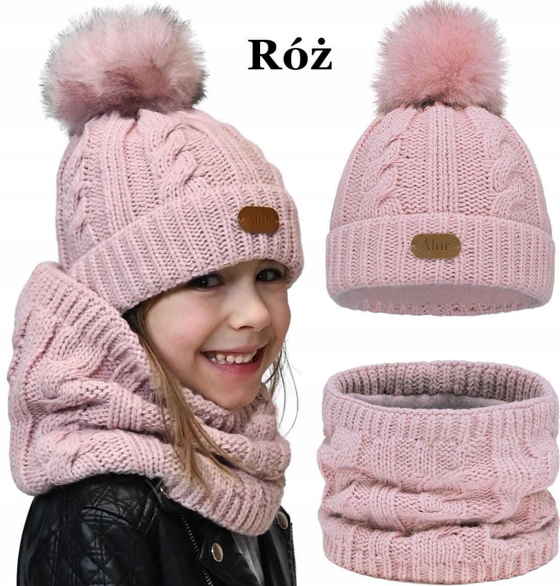 CZAPKA Z KOMINEM NA polarze komplet ciepły RÓŻ