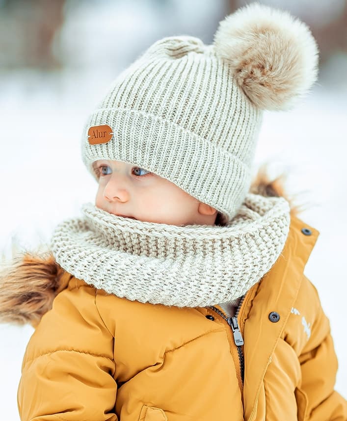 Ciepły komplet dziecięcy CZAPKA KOMIN Modna Prążek, Pompony POLAR
