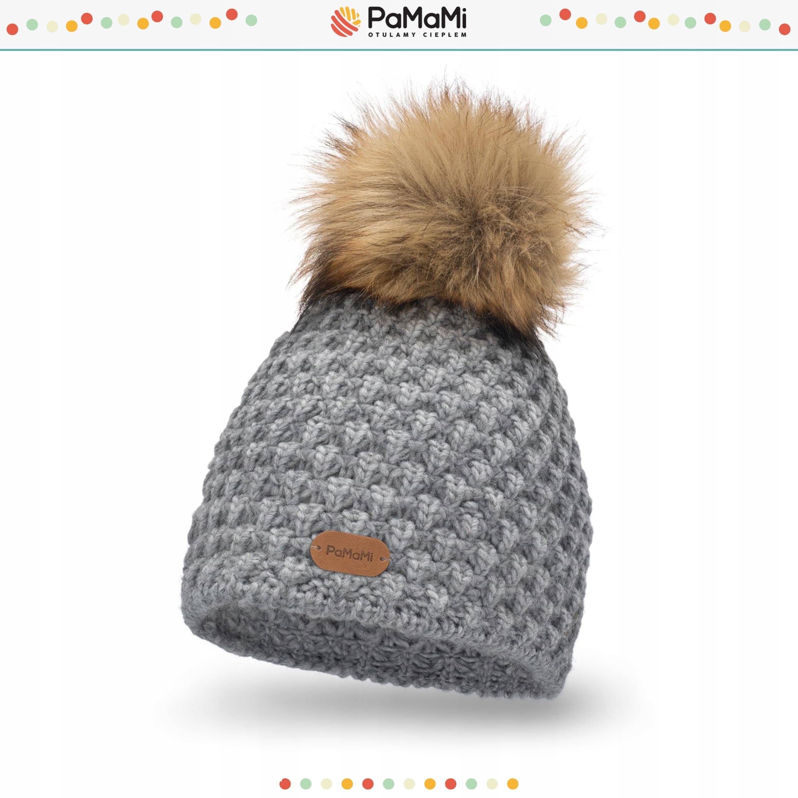PaMaMi czapka zimowa damska beanie szara z Pomponem z dodatkiem wełny