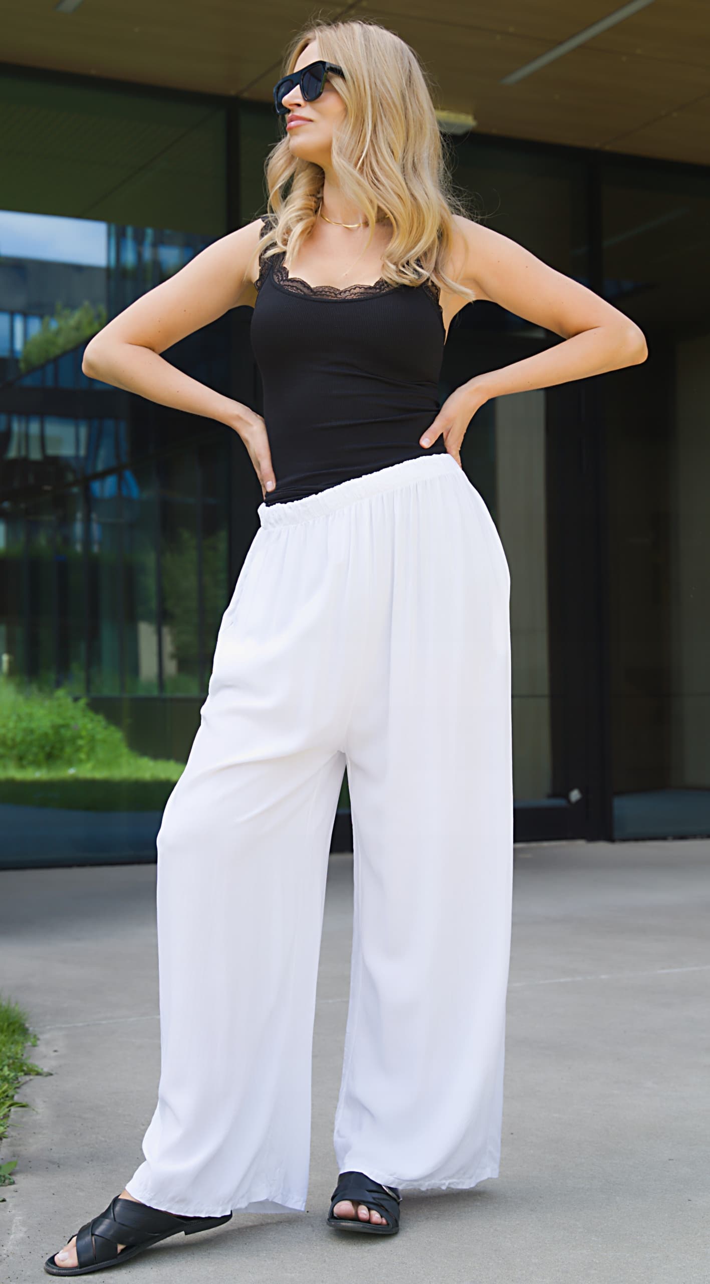 Spodnie damskie luźne szerokie z wiskozy WIDE LEG letnie z kieszaniami SML