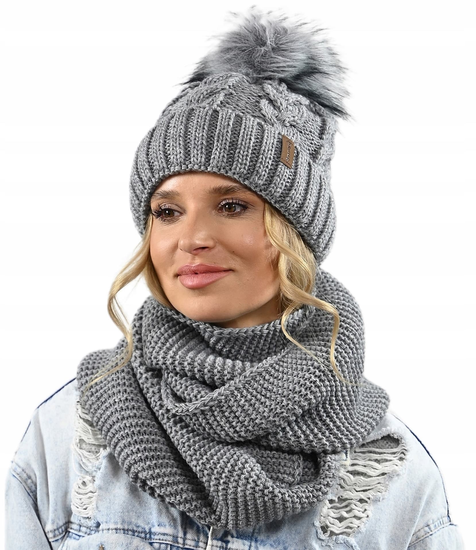 CZAPKA KOMIN ZESTAW DAMSKI komplet gruby zimowy czpka na polarze pompon K11