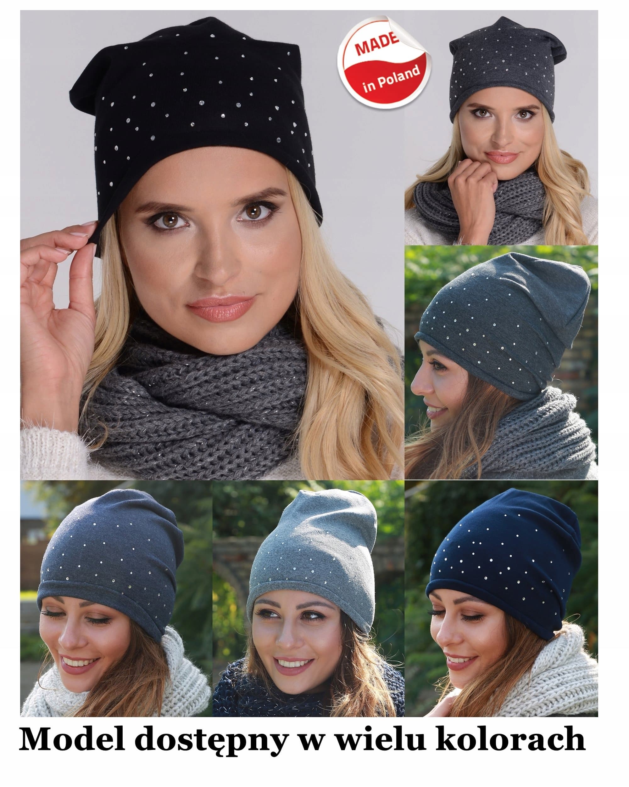 Klasyczna CZAPKA damska z bawełny przejściowa BEANIE Cyrkonie Czarna
