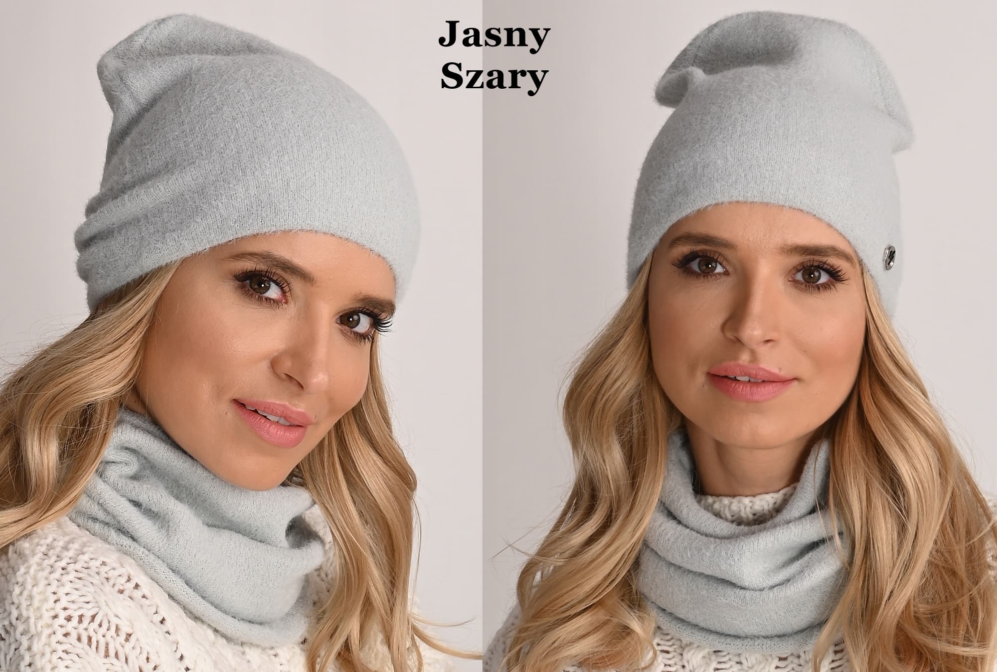 Jasny Szary ciepły Komplet Damski Czapka KOMIN AL1