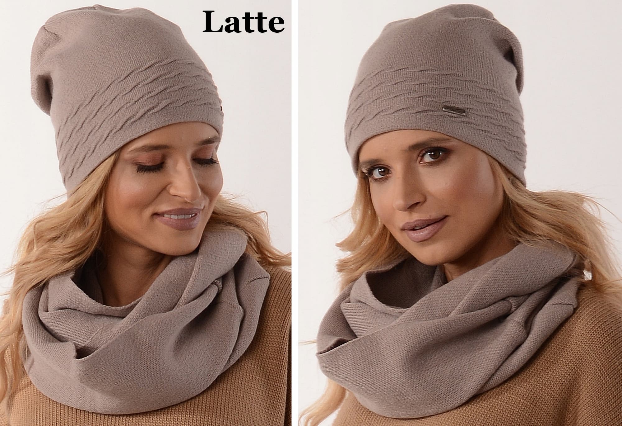 Ciepły Komplet Damski CZAPKA i komin LATTE K1
