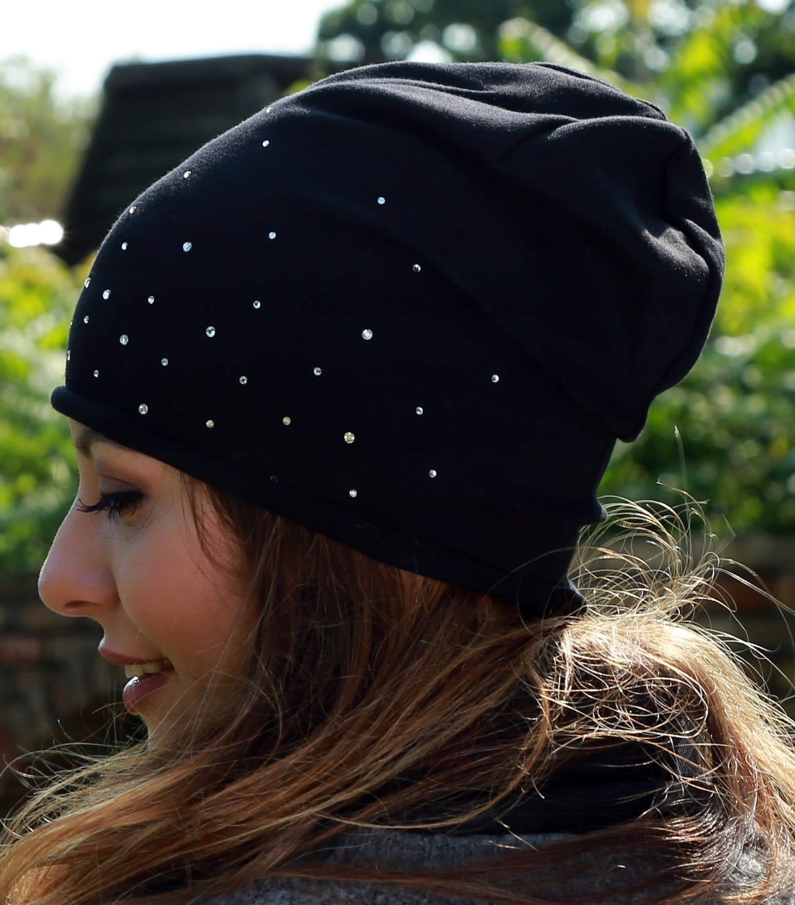 Klasyczna CZAPKA damska z bawełny przejściowa BEANIE Cyrkonie Czarna