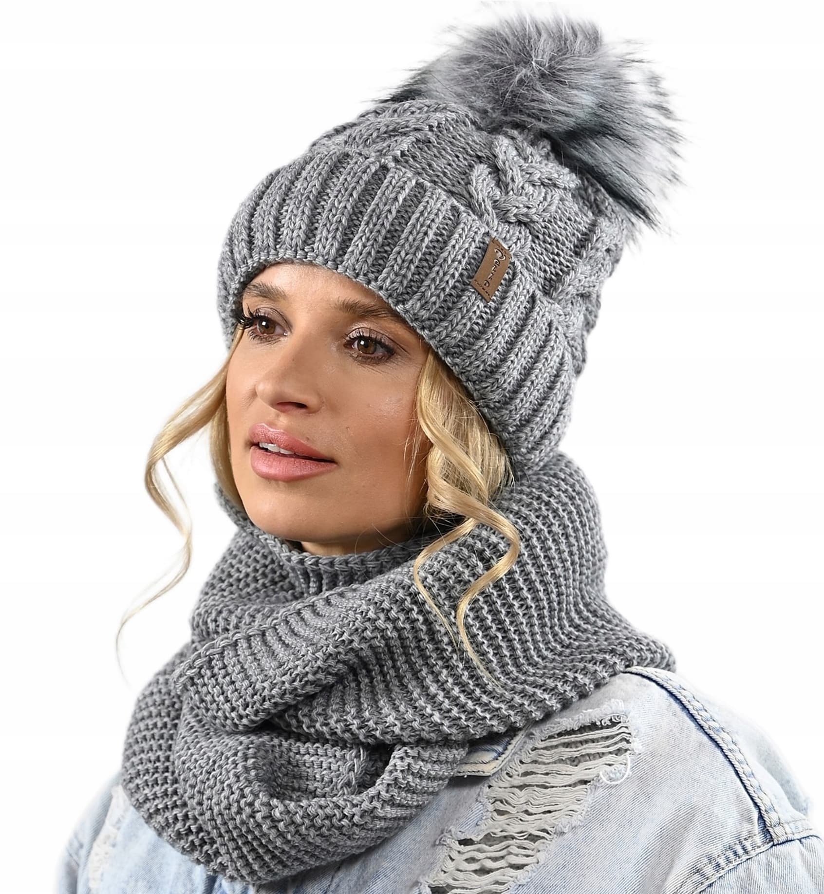 CZAPKA KOMIN ZESTAW DAMSKI komplet gruby zimowy czpka na polarze pompon K11