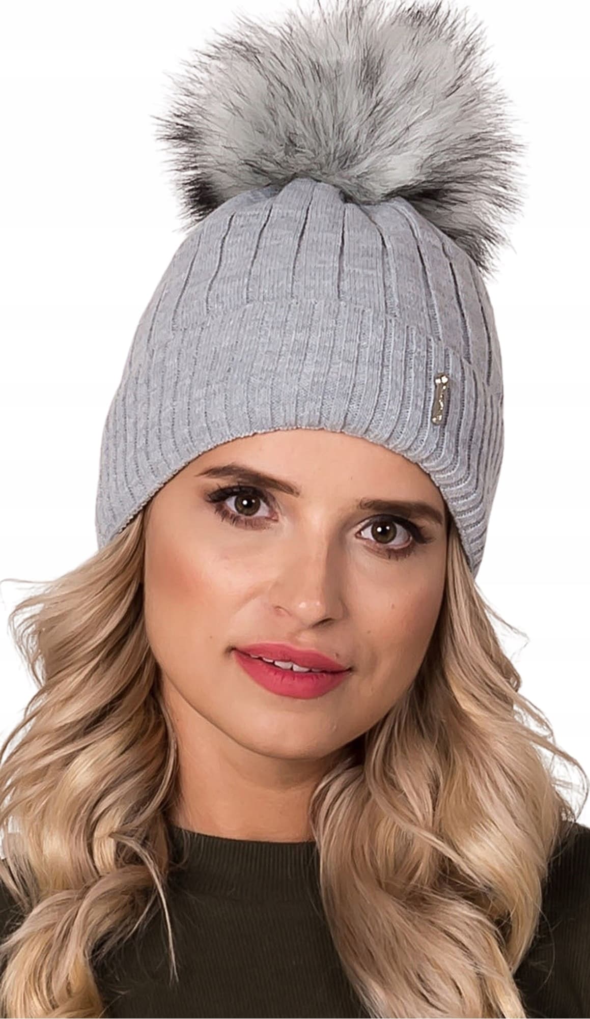 Szara Ciepła Czapka Damska Młodzieżowa Jesień Zima Elegancki POMPON J2
