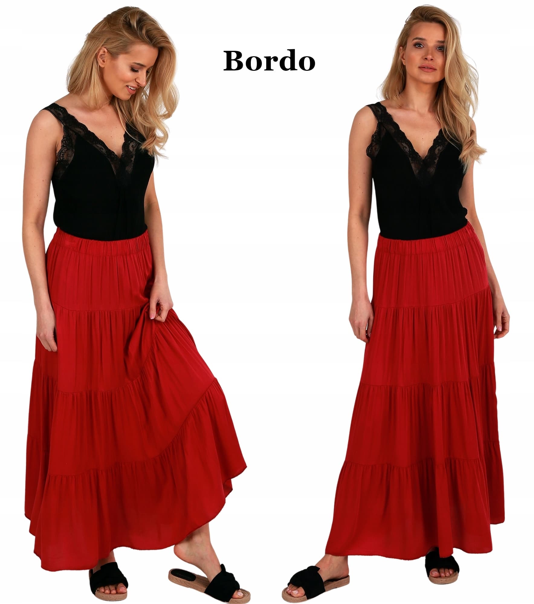 Boho spódnica długa z falbanami BORDO