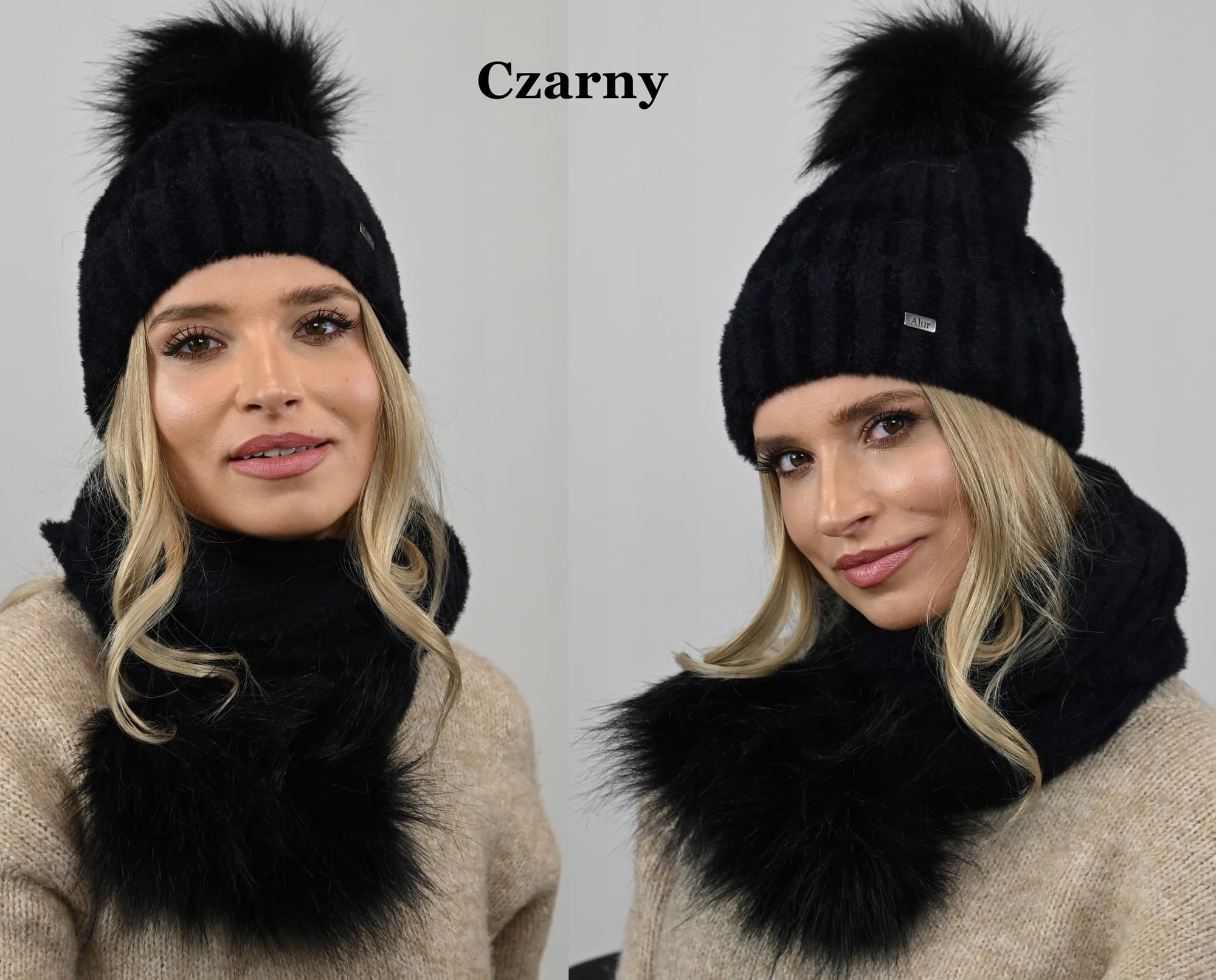 Czarny Komplet CZAPKA polar plus SZALIK pompony D1