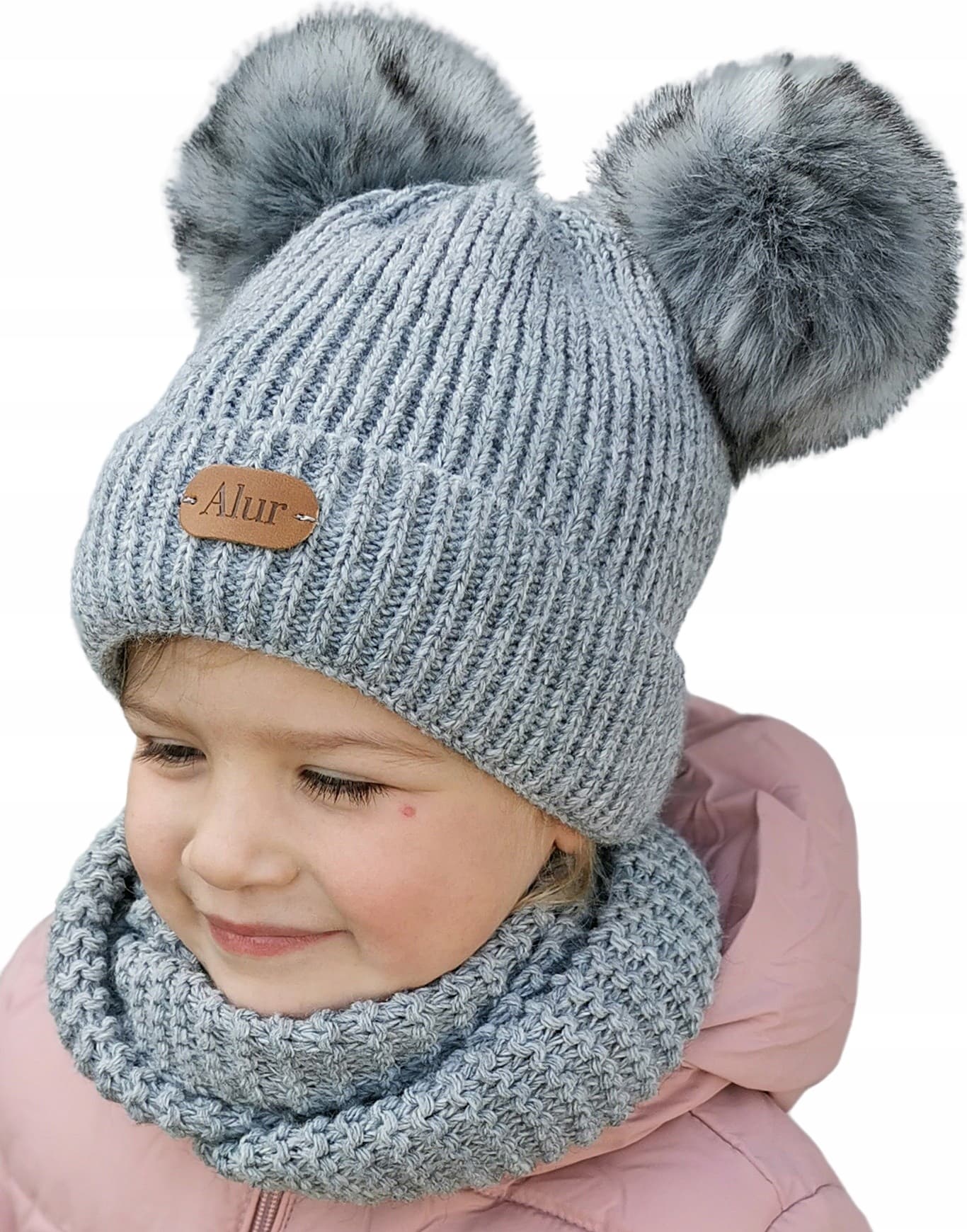 Gruby KOMPLET czapka i komin dwa pompony SZARY