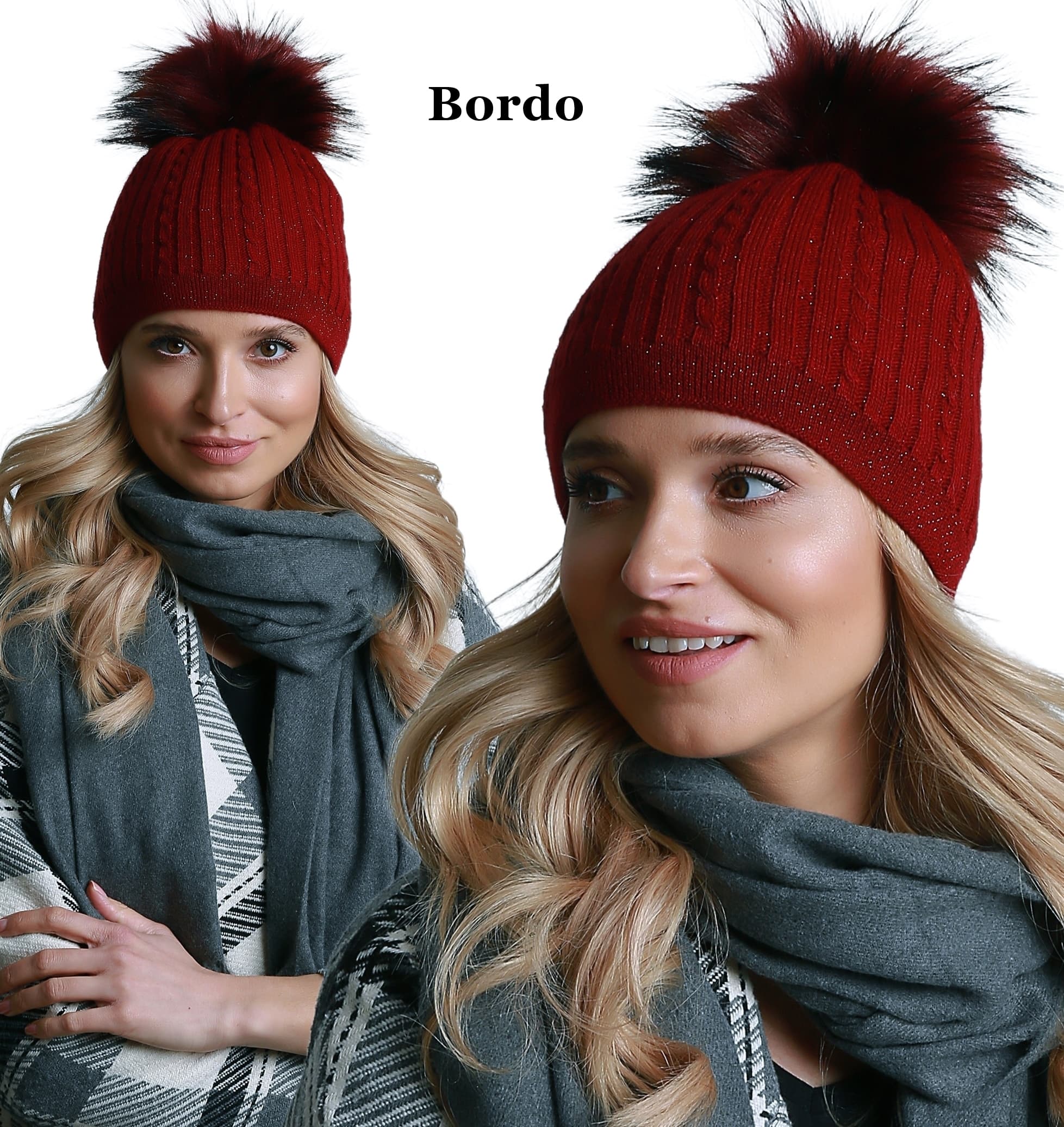 Kobieca CZAPKA damska z nicią silver BORDO burgund ciepła zimowa V19