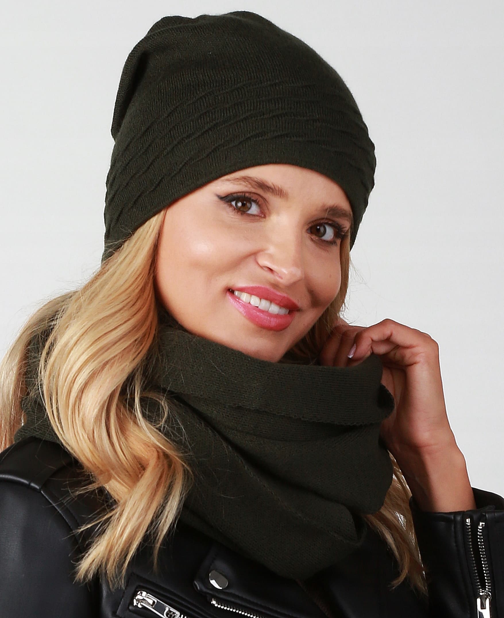 CZAPKA i KOMIN na polarze damski KOMPLET zestaw kobiecy zimowy KHAKI K1