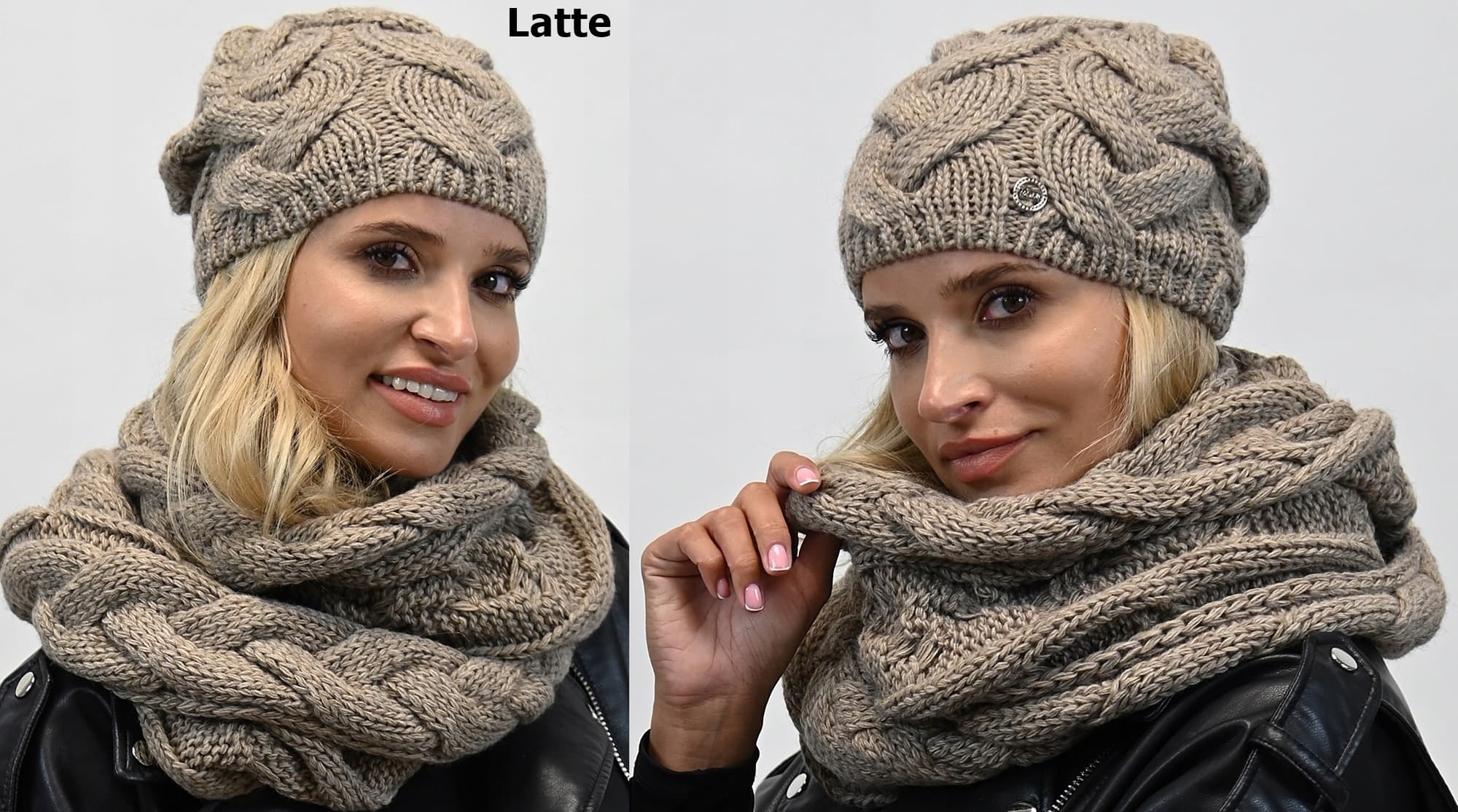 Ciepły damski zestaw Komplet CZAPKA KOMIN na zimę prezent polski Latte K9