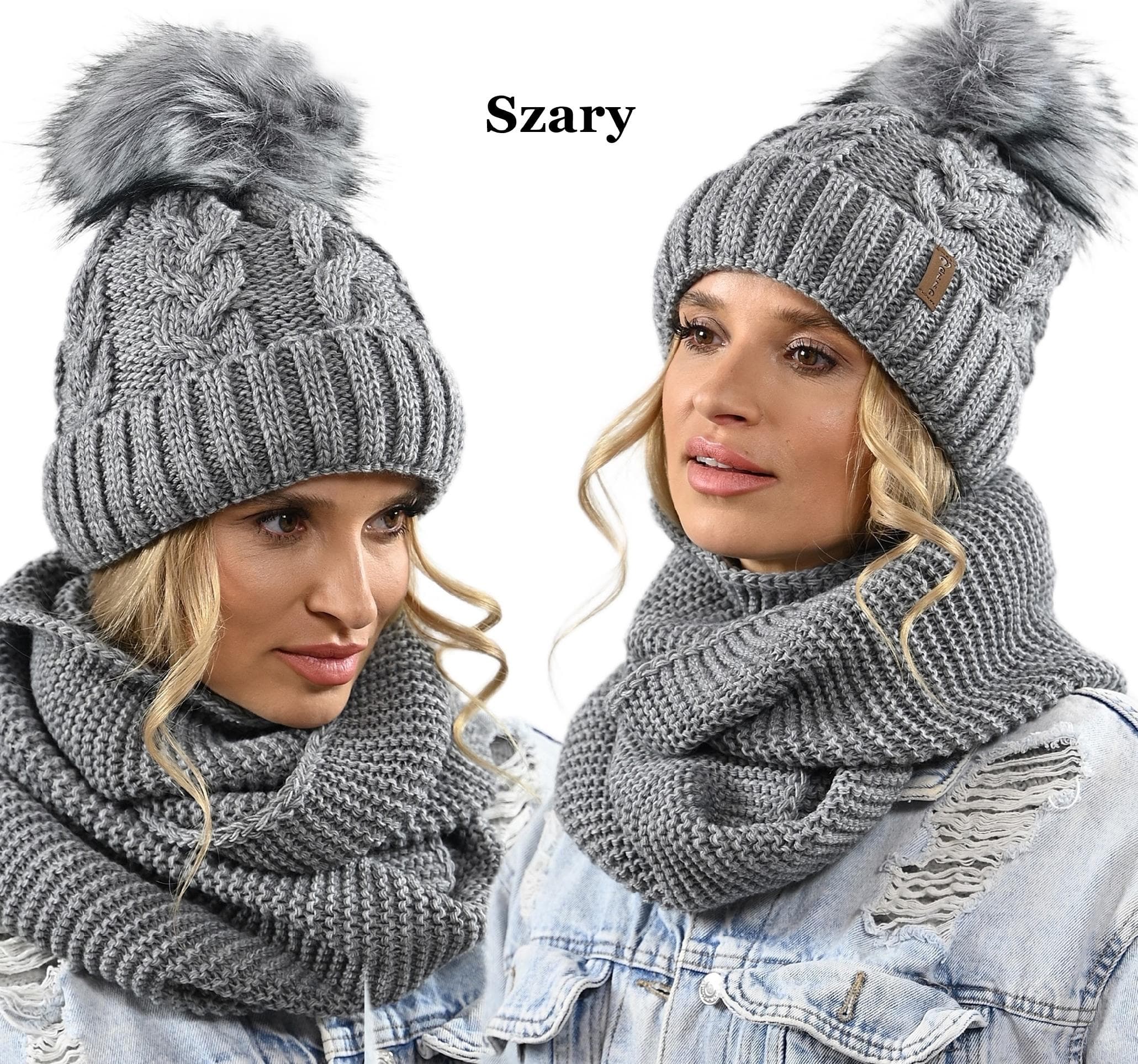 CZAPKA KOMIN ZESTAW DAMSKI komplet gruby zimowy czpka na polarze pompon K11