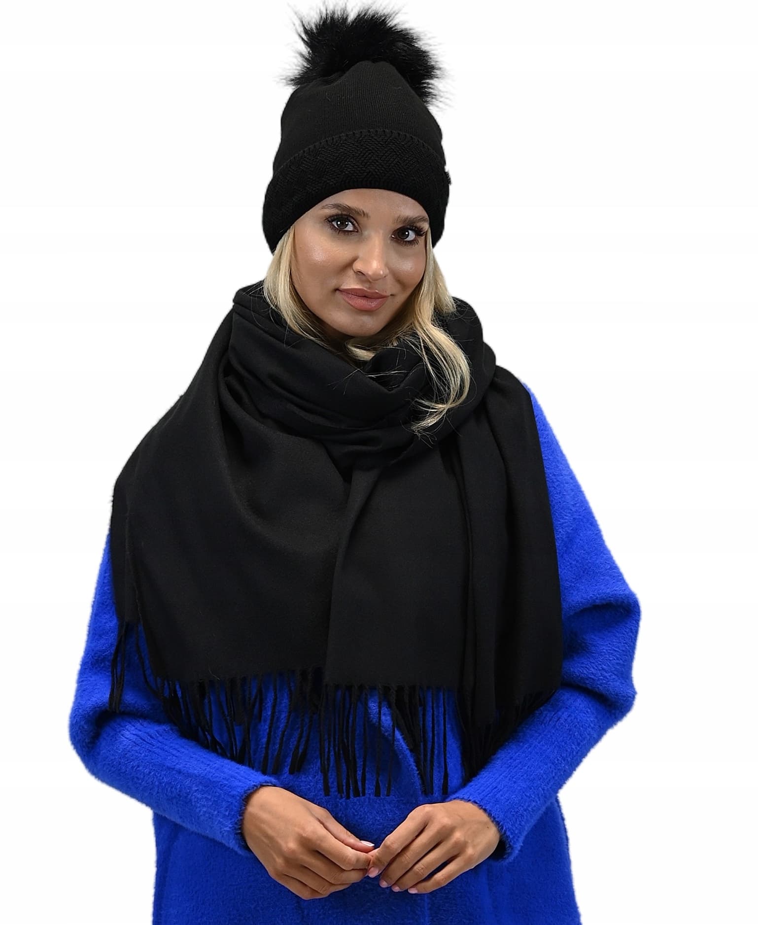 Elegancki SZAL jesień zimowy CIEPŁY klasyczny Gładki Szalik frędzle czarny