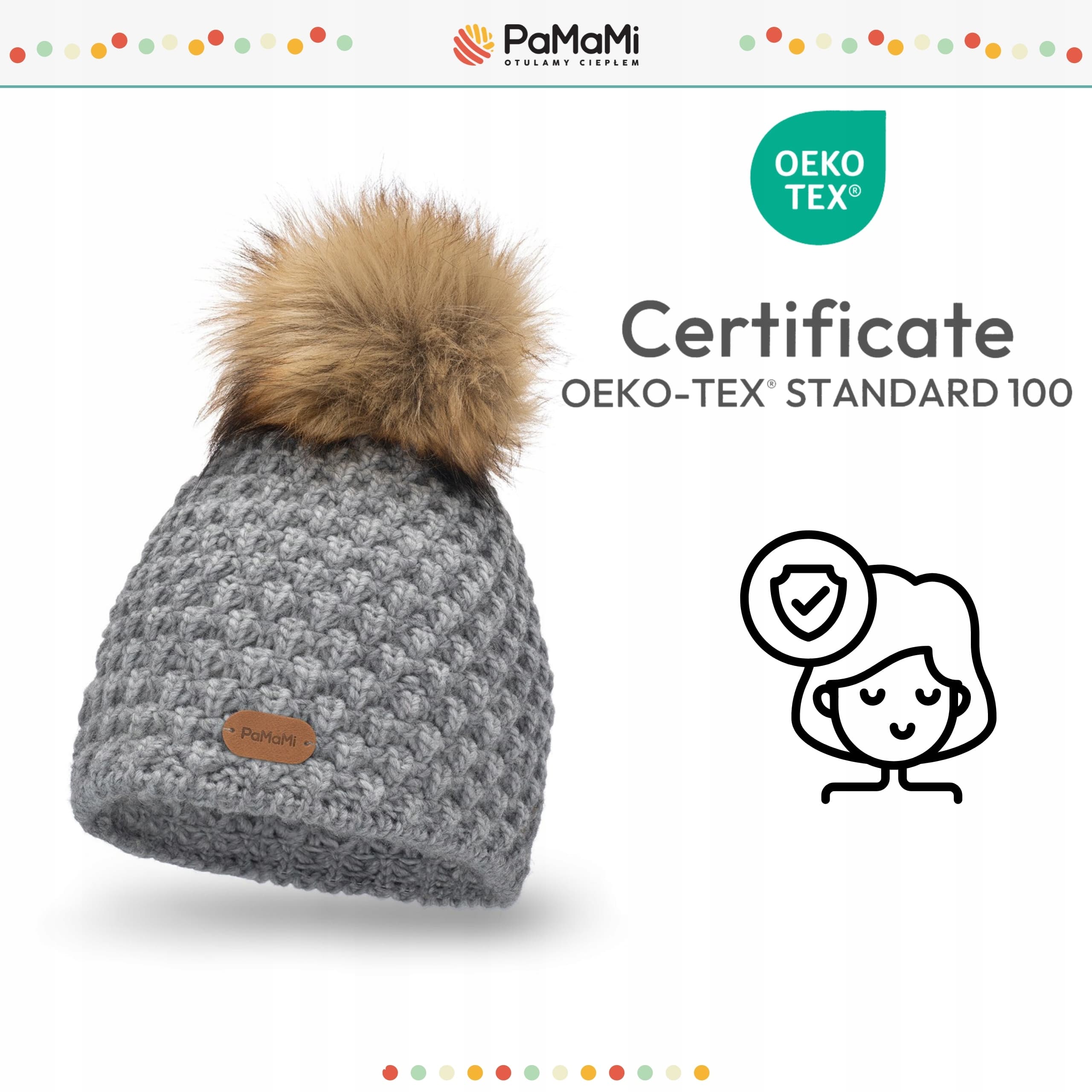 PaMaMi czapka zimowa damska beanie szara z Pomponem z dodatkiem wełny